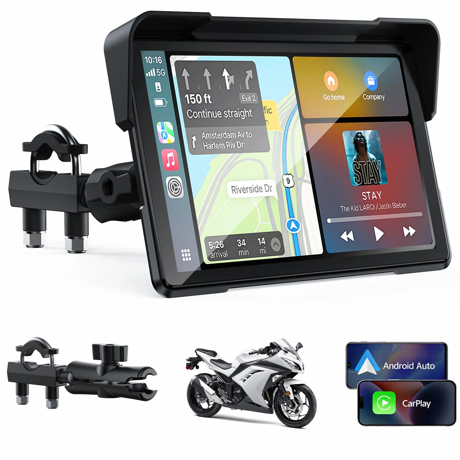 Volam Pantalla Carplay para Motocicleta, CarPlay y Android Auto Inalámbricos, 7 Pulgadas Pantalla Táctil Impermeable IP67 con Navegación GPS, Doble Bluetooth, Asistente de Voz, Plug y Play