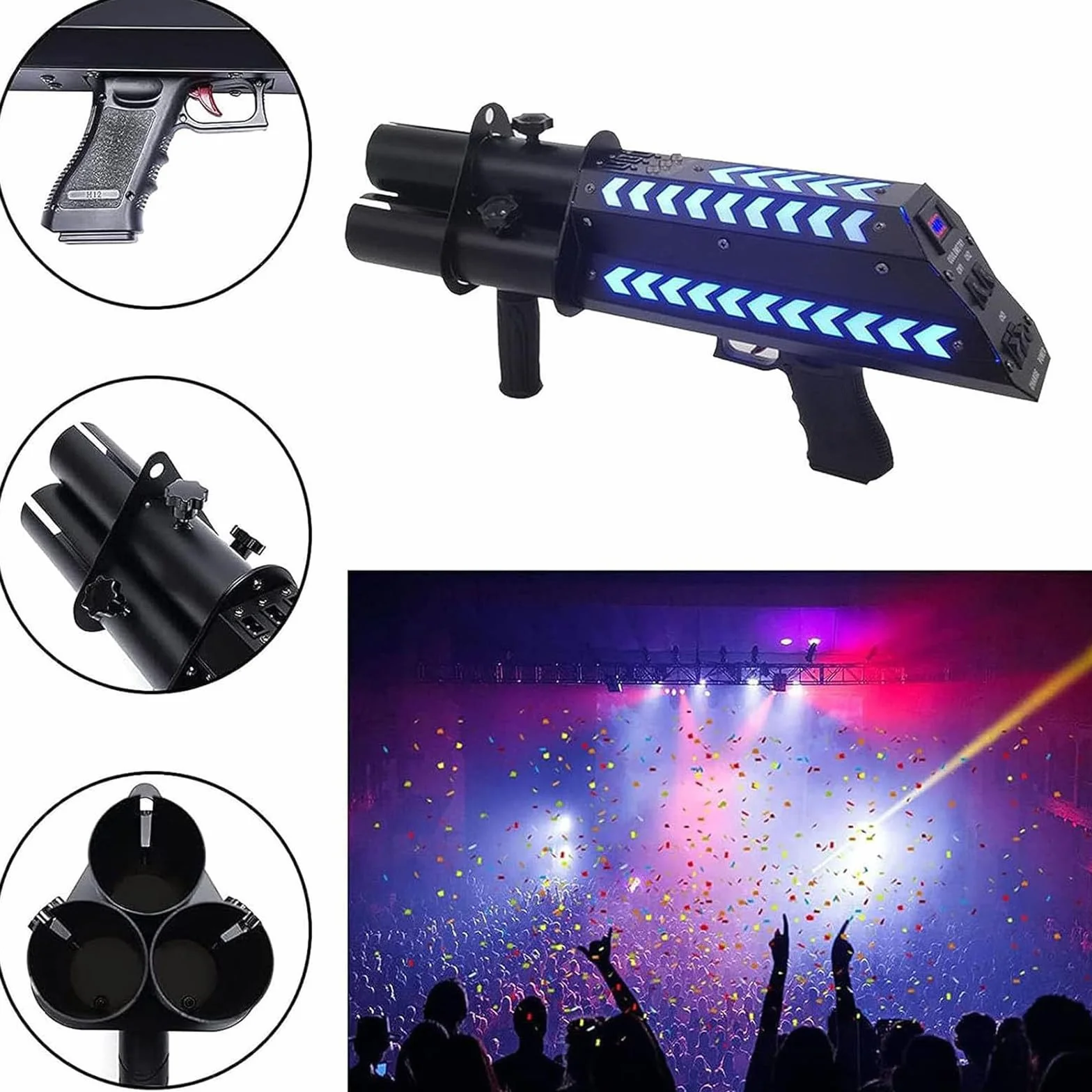 Pistola pulverizadora de confeti, máquina eléctrica de confeti de 3 tiros con luz LED para Halloween, Navidad, fiestas y eventos especiales