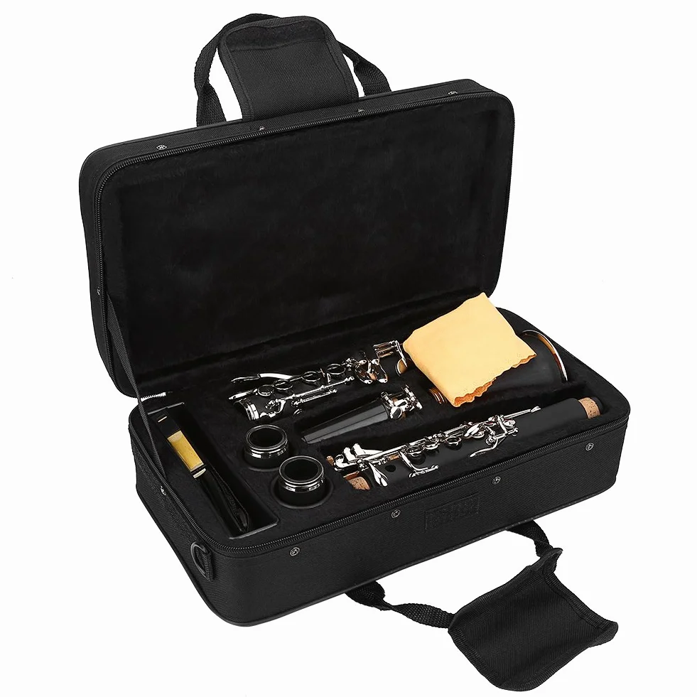 Clarinete Sib, 17 Teclas Clarinete Baquelita Tono B Descendente con Lengüetas Bolsa de Paño de Limpieza Instrumentos de Viento de Madera