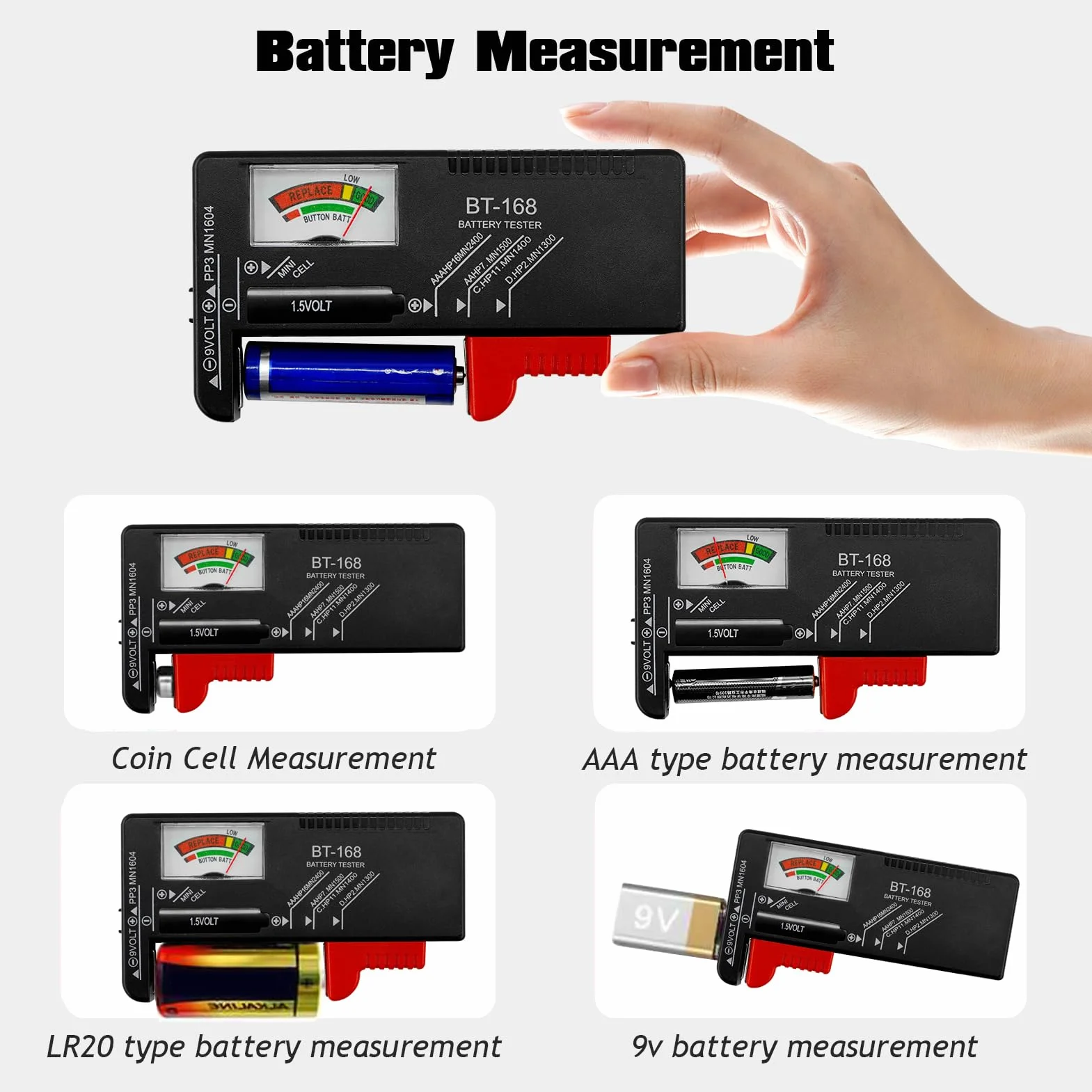 Comprobador de Pilas,Probador de la Batería,Probador Universal de Batería para pilas AA AAA C D 9V 1.5V y Célula del Botón (Negro)