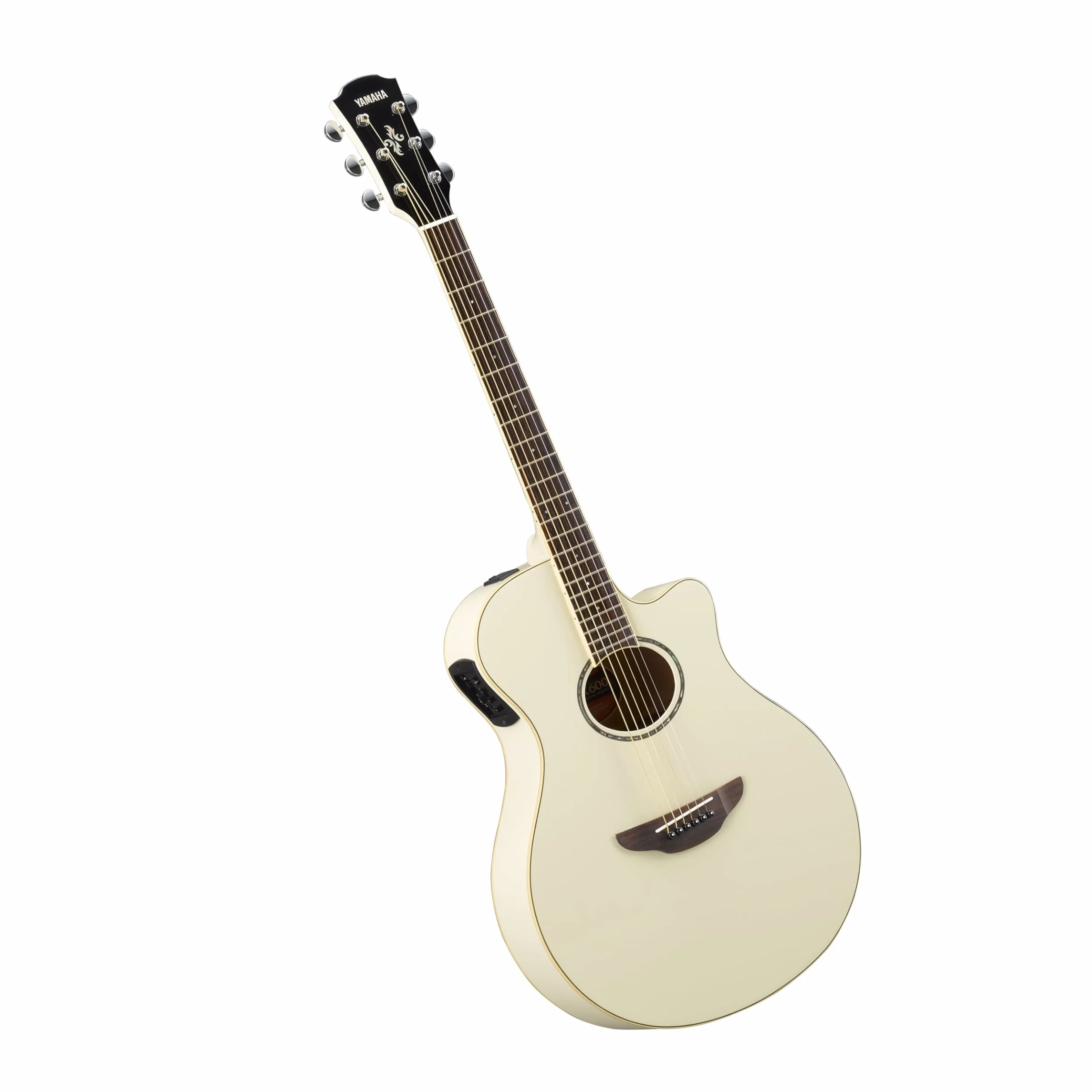 YAMAHA APX600 Guitarra Electroacústica – Cuerpo Estrecho Thinline, Escala 25”, previo System 65, Ecualizador de 3 Bandas, Afinador Integrado, Boca Ovalada – Blanco Vintage
