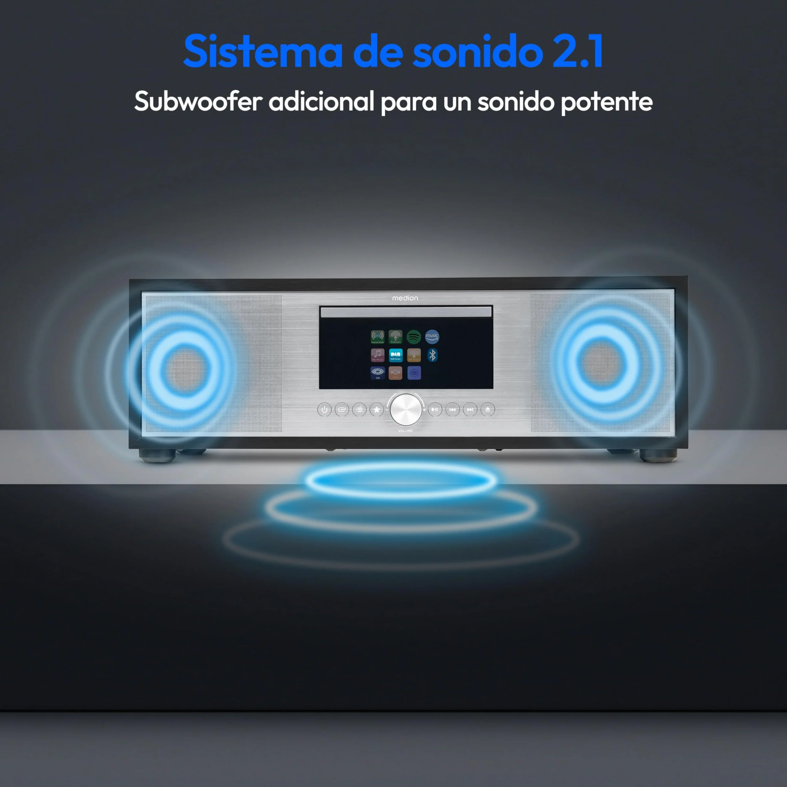 MEDION P66400 Sistema de Audio 2.1 All in One con Subwoofer Plata Radio Internet Dab+ CD MP3 Spotify