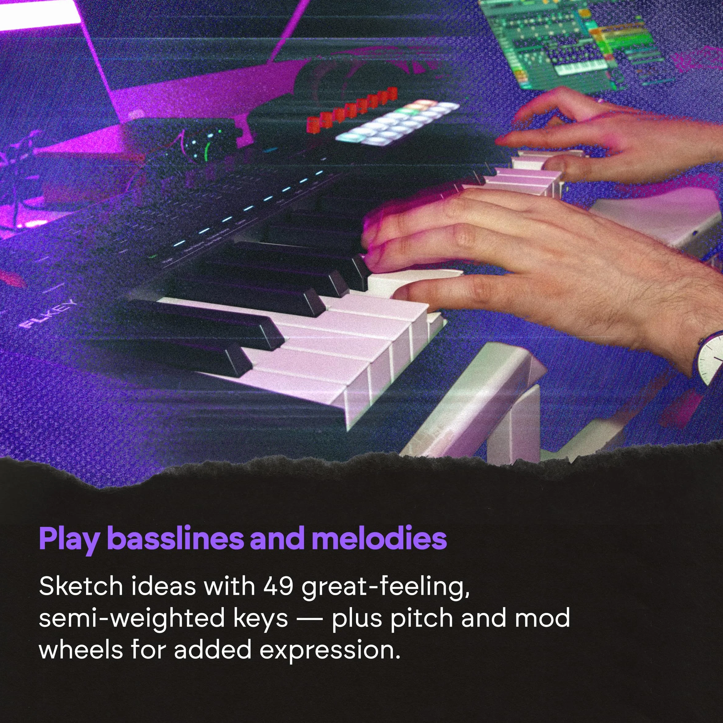 Novation FLkey 2 49 — Teclado controlador MIDI de 49 teclas para FL Studio. Teclas semicontrapesadas, USB, ruedas de tono y modulación, 16 pads de percusión y arpegiador. Incluye 6 meses de FL Studio