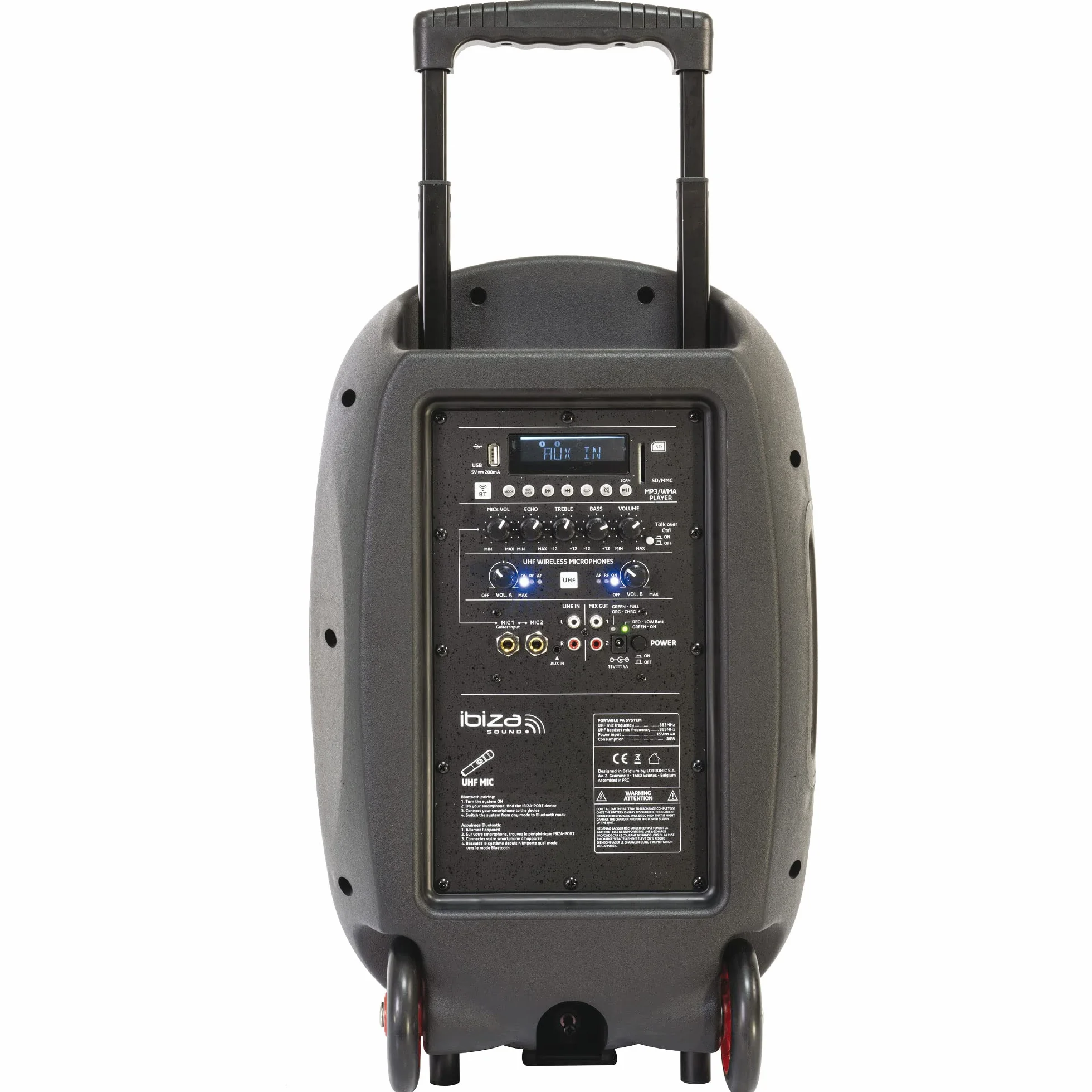 Ibiza - PORT15UHF-MKII-TWS - Altavoz portátil 15"/800W MAX con 2 micrófonos (UHF), Mando a Distancia y Funda Protectora - Bluetooth, USB, SD & TWS - 6 a 8h de autonomía