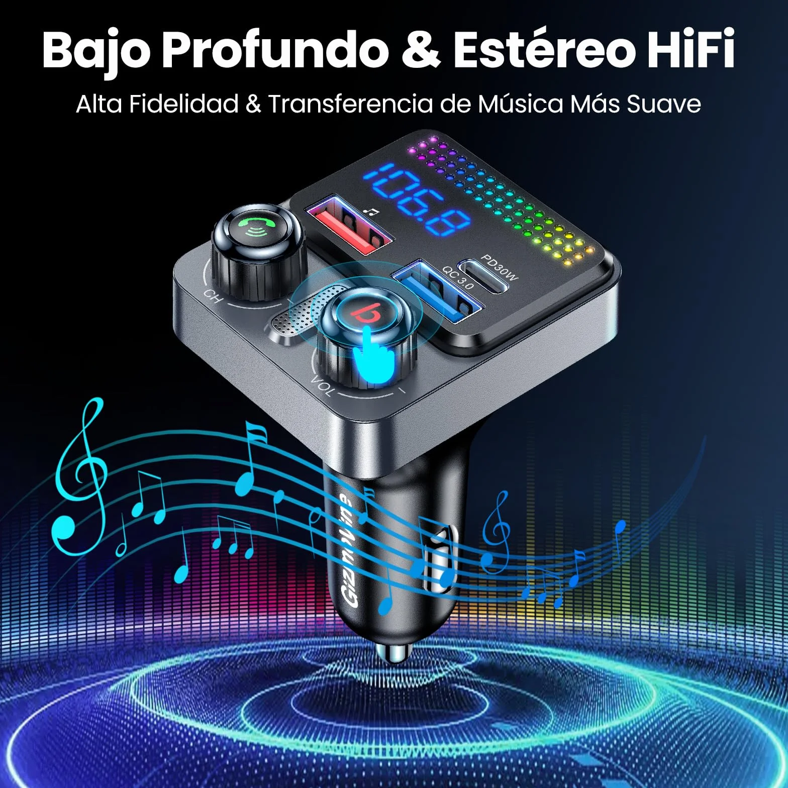 GizmoVine Transmisor FM para Coche, Adaptador Bluetooth 5.4 48W, 3 Puertos Carga (PD 30W + QC 18W), Música Inalámbrica, Grave Profundo, Manos Libres, Asistente de Voz, Pen Drive, 12V/24V