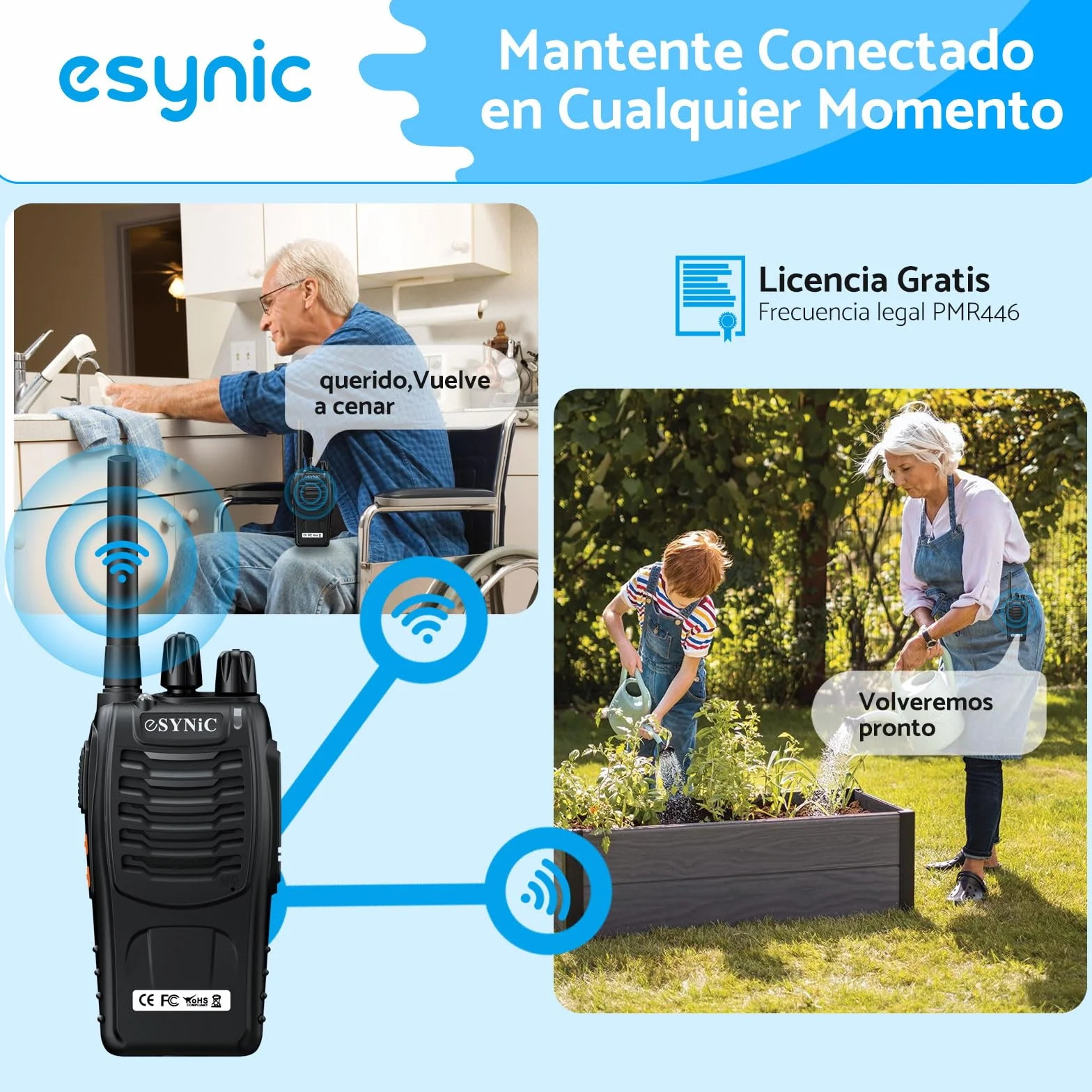 eSynic 4PCS Walkie Talkies de Larga Distancia con Auriculares Walkie-Talkie Profesional 16 Canales 1500mAh con Cargador USB Soporta VOX para Sobrevivir en el Campo Ciclisimo