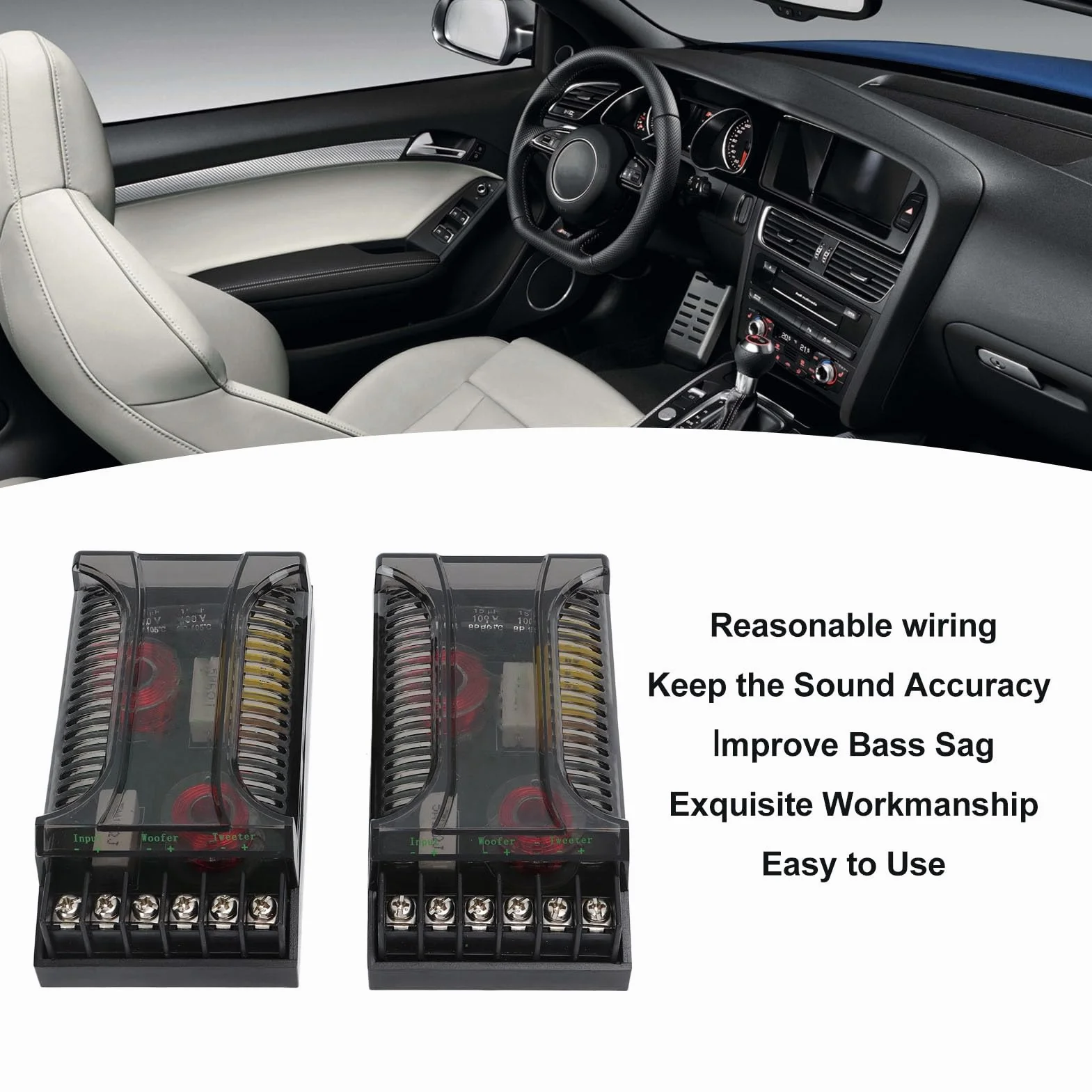 Divisor de Frecuencia para Coche, Crossover de Altavoz de 2 Vías con Protección contra Sobrecorriente y Disipación Térmica, Potencia 100W 12V para Mejorar Graves y Claridad de Sonido