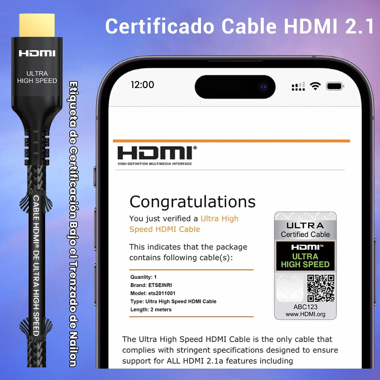 Cable HDMI 2.1 2 Metros 48Gbps Ultra Alta Velocidad 4K 240Hz 8K 60Hz 10K Aluminio HDCP 2.3 eARC HDR10+