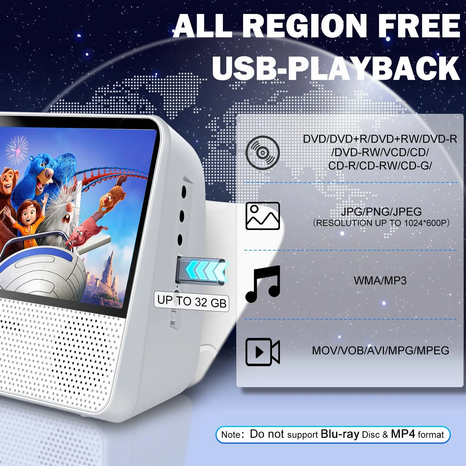Reproductor DVD Portátil Bluetooth 4000mAh Recargable Región Libre para Coche con Altavoces Dobles Compatible CD USB