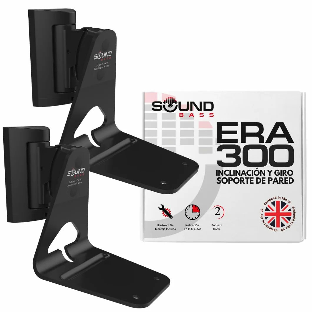 Sound Bass ERA300 Soporte de Pared, Inclinación y Giro, Negro, Doble (2 uds.), Compatible con Sonos ERA 300, Instalación Sencilla, Incluye Kit de Montaje, Doble, Par