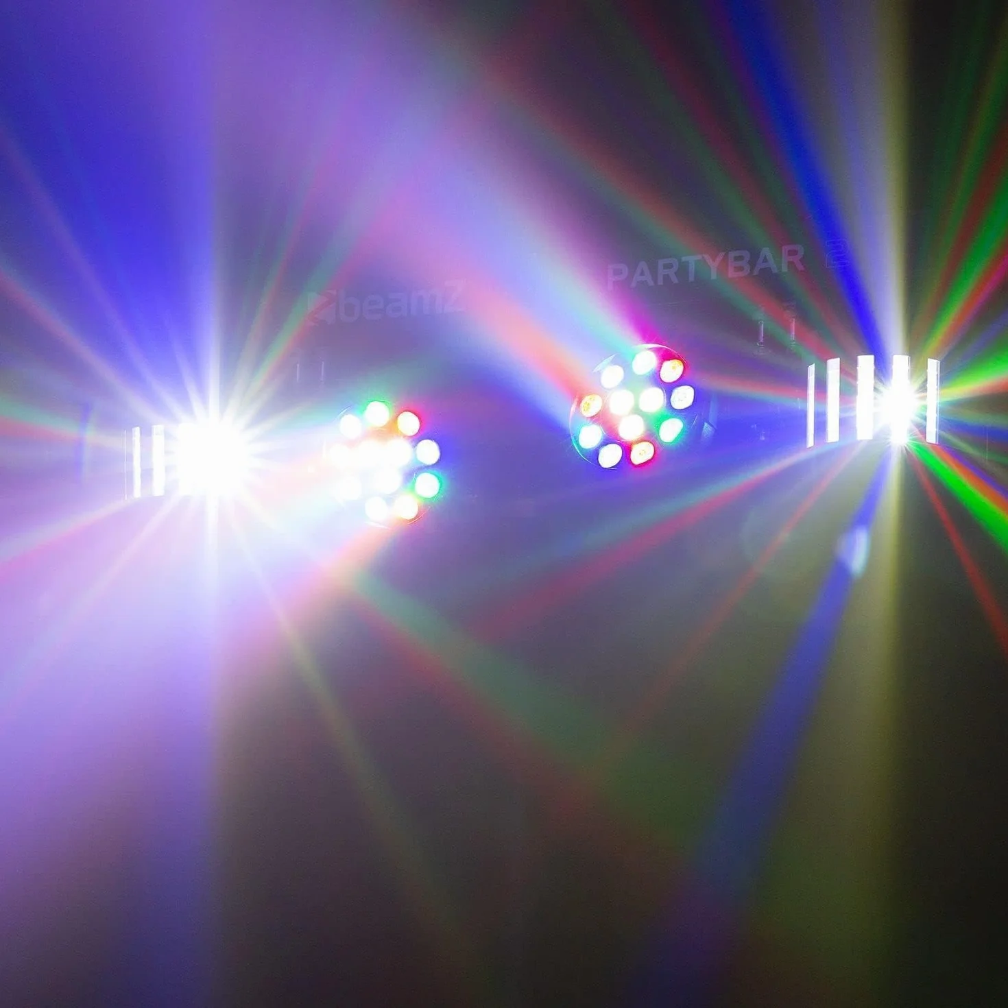 BeamZ Partybar2 - Sistema de iluminación con 2 focos PAR LED y 2 efectos Derby, control por sonido y DMX, programas automáticos, trípode incluido, ideal para fiestas, DJs, escenarios o eventos
