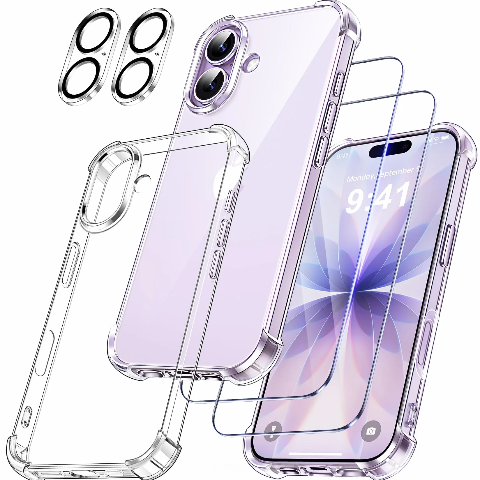 FLLAO 5 en 1 Funda para iPhone 17 con 2 Protector Pantalla y 2 Protector Lente Cámara, [Almohadilla de Aire integrada] Antigolpes Antiarañazos Phone Carcasa 6,3 Pulgadas, Transparente