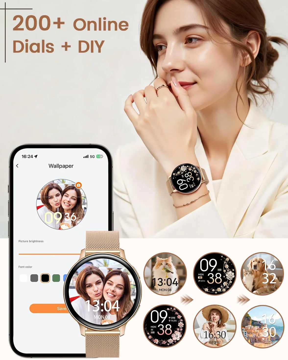 Reloj Inteligente Mujer, 1.39" HD Smartwatch Mujer con Llamadas/24H Sueño/Pulsómetro/SpO2, Función Femenina 120+ Modos Deportivos IP68 Pulsera Actividad Calorías Podómetro Android iOS Oro Rosa, Regalo