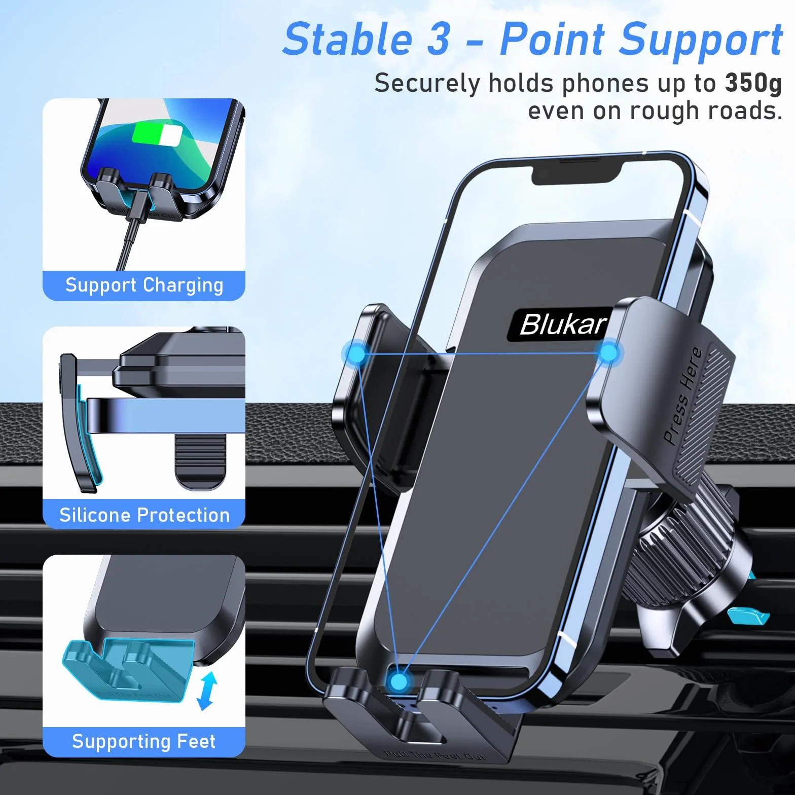 Blukar Soporte Móvil Coche, Soporte Teléfono Coche del Aire Ventilación 360° Rotación, Liberación de un Botón, para Smartphone 4.0''-7.0'' (Negro)