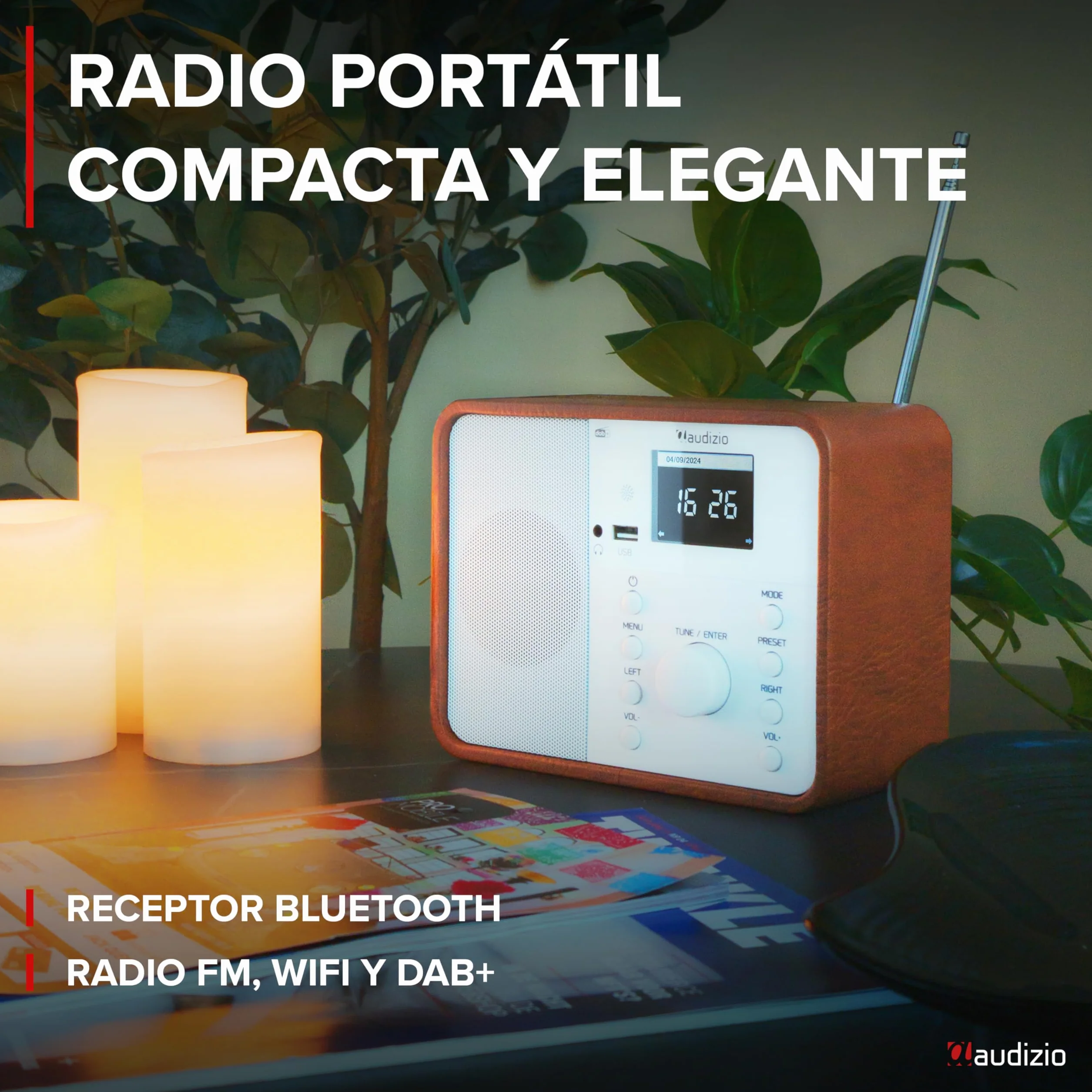 Audizio Nardo Radio Digital Dab con Bluetooth, WiFi Radio, Mando a Distancia, USB MP3 Playback, Dab Internet Radio, 32,000 Emisoras, Dab+/FM, 250 Presintonías - Blanco/Madera