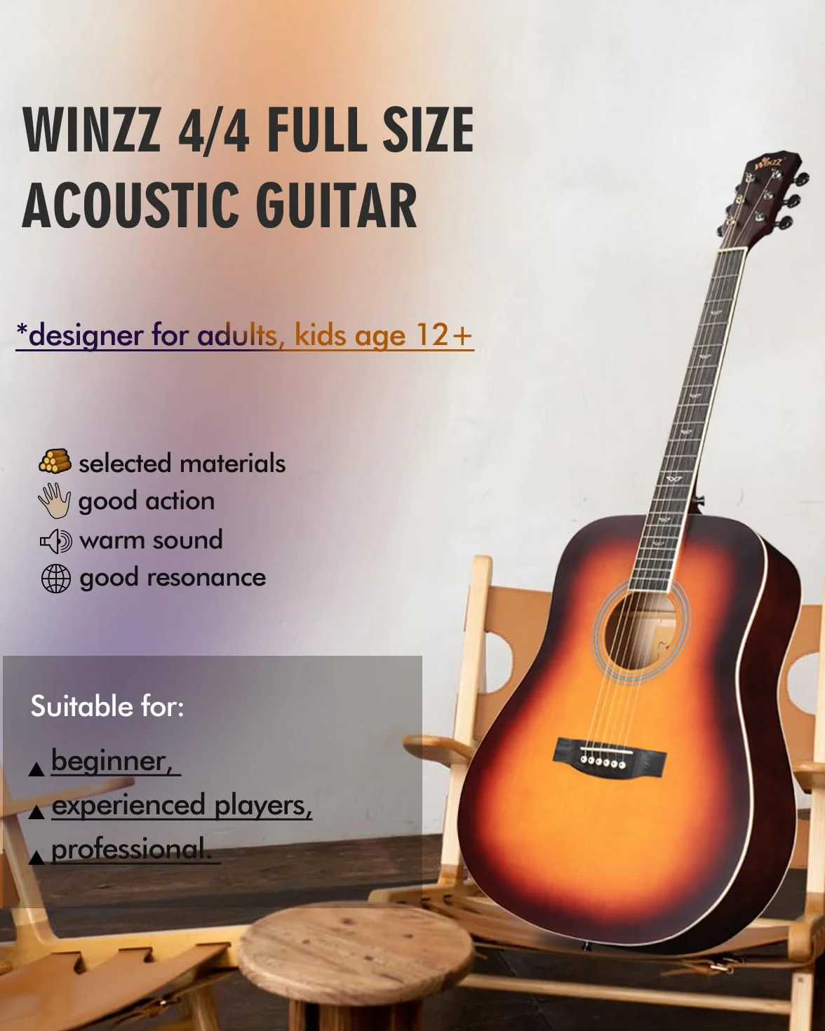 Winzz Guitarra Folk Acústica 4/4 Adulto Sunburst Para Principiantes, Incluye Funda, Afinador, Correa, Púas, Juego Extra de Cuerdas Y Soporte Para Guitarra