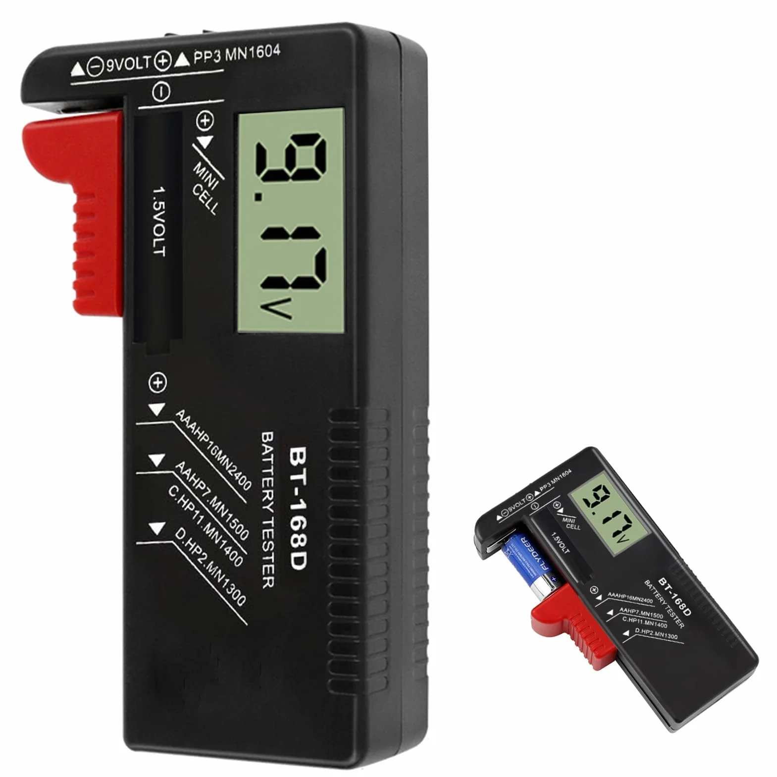 Comprobador de Pilas y Baterías Universal Digital BT-168D para Pantalla LCD, Medidor de Carga Pilas AA AAA C D 9V 1,5V y Pilas de Botón, Battery Tester Compacto y Portátil para Uso Doméstico