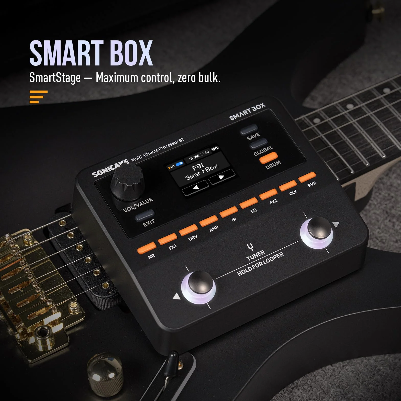 SONICAKE Procesador de Múltiples Efectos para Guitarra/Bajo, 130+ Efectos, Soporte NAM/IR, Looper, Afinador/Metrónomo Integrado, Salida Estéreo Smart Box QME-20