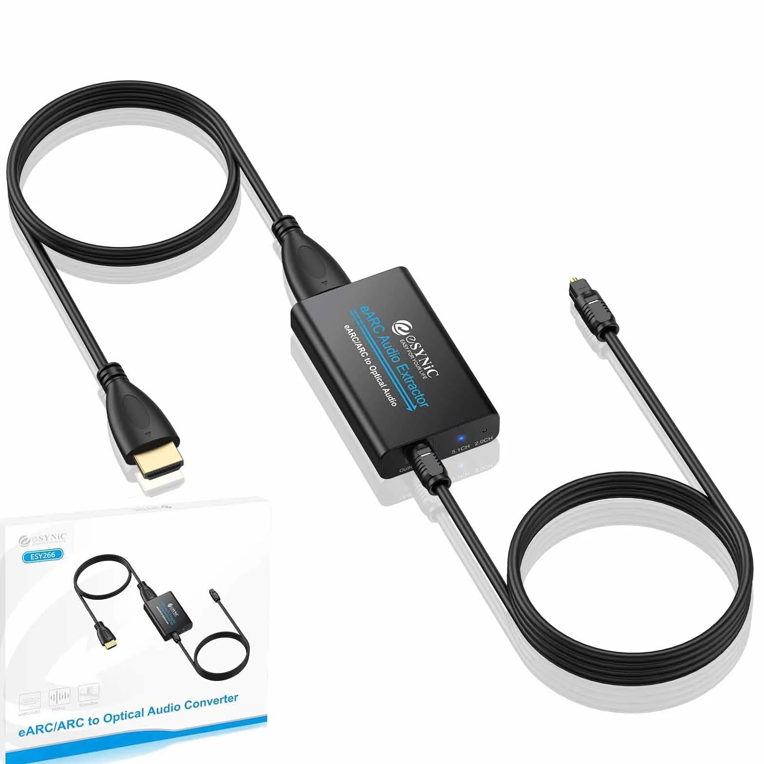 eSynic Extractor de Audio eARC ARC 192kHz HDMI a Óptico con Cable HDMI y Óptico compatible con 5.0 y 2.0 para HDTV