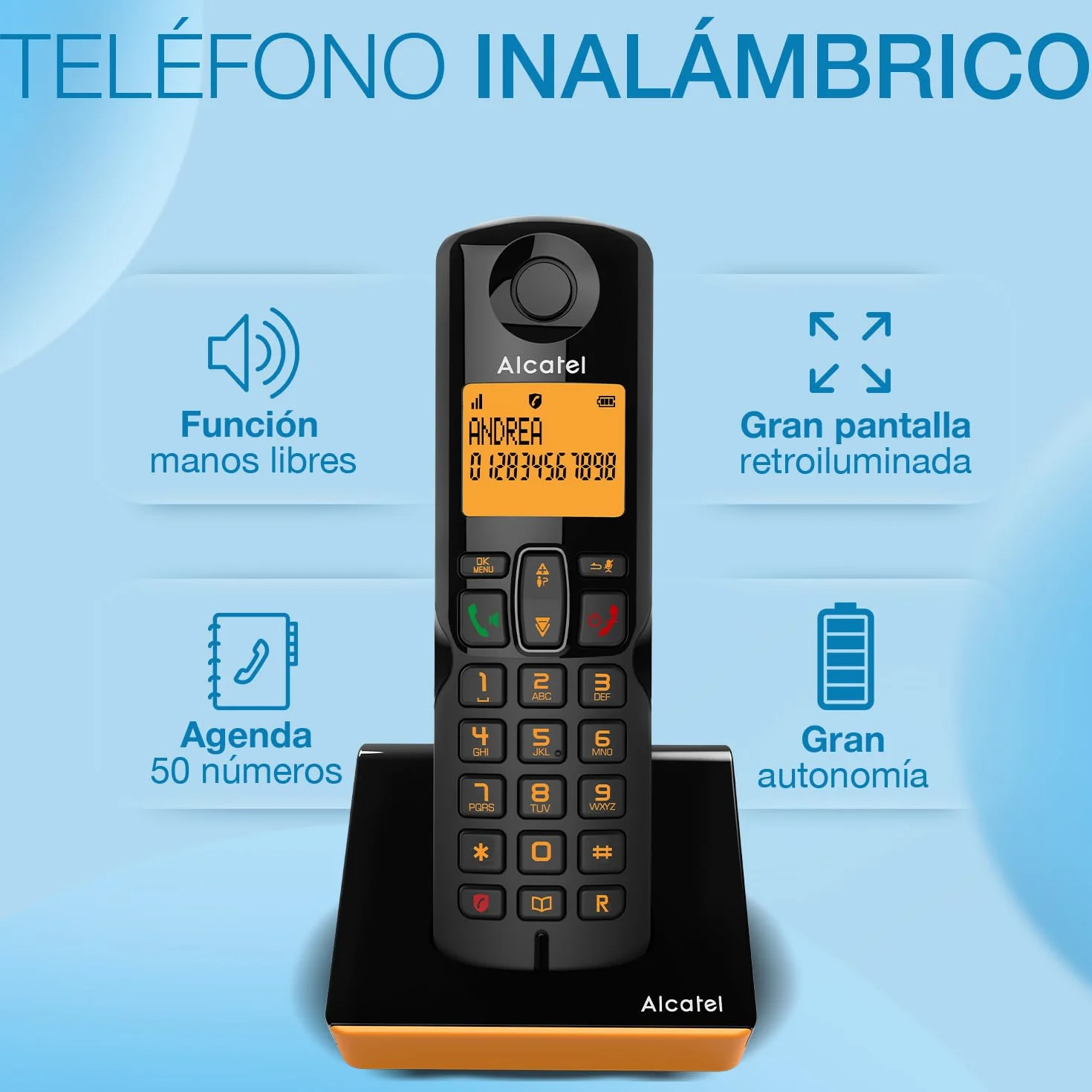 ALCATEL S280 Teléfono inalámbrico DECT Pantalla Grande retroiluminada Manos Libres Bloqueo de Llamadas Agenda 50 contactos Negro Naranja