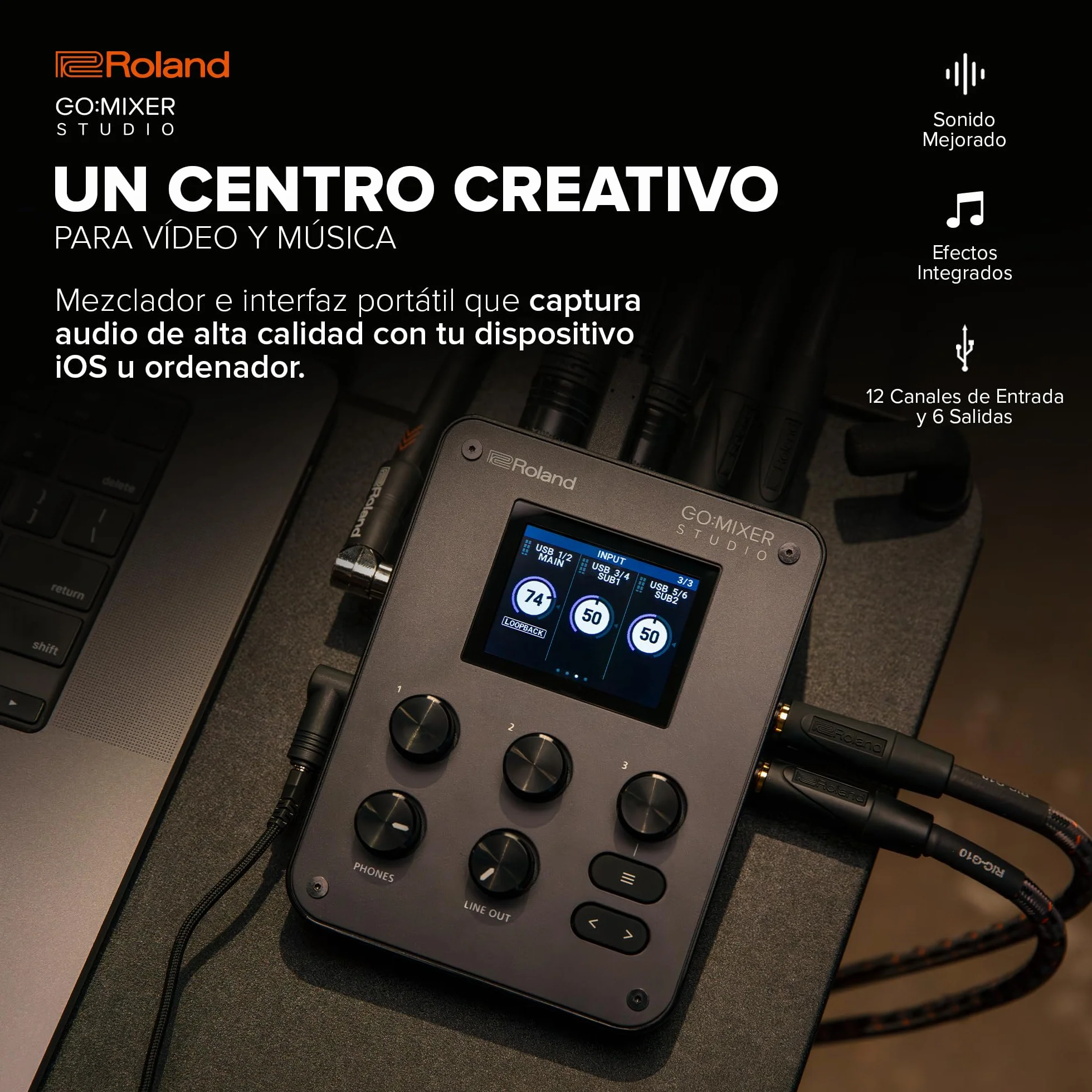 Roland GO:MIXER STUDIO | Mezclador multicanal portátil e interfaz de audio | Perfecto para creadores de contenido y músicos | Calidad de audio de estudio | Efectos integrados