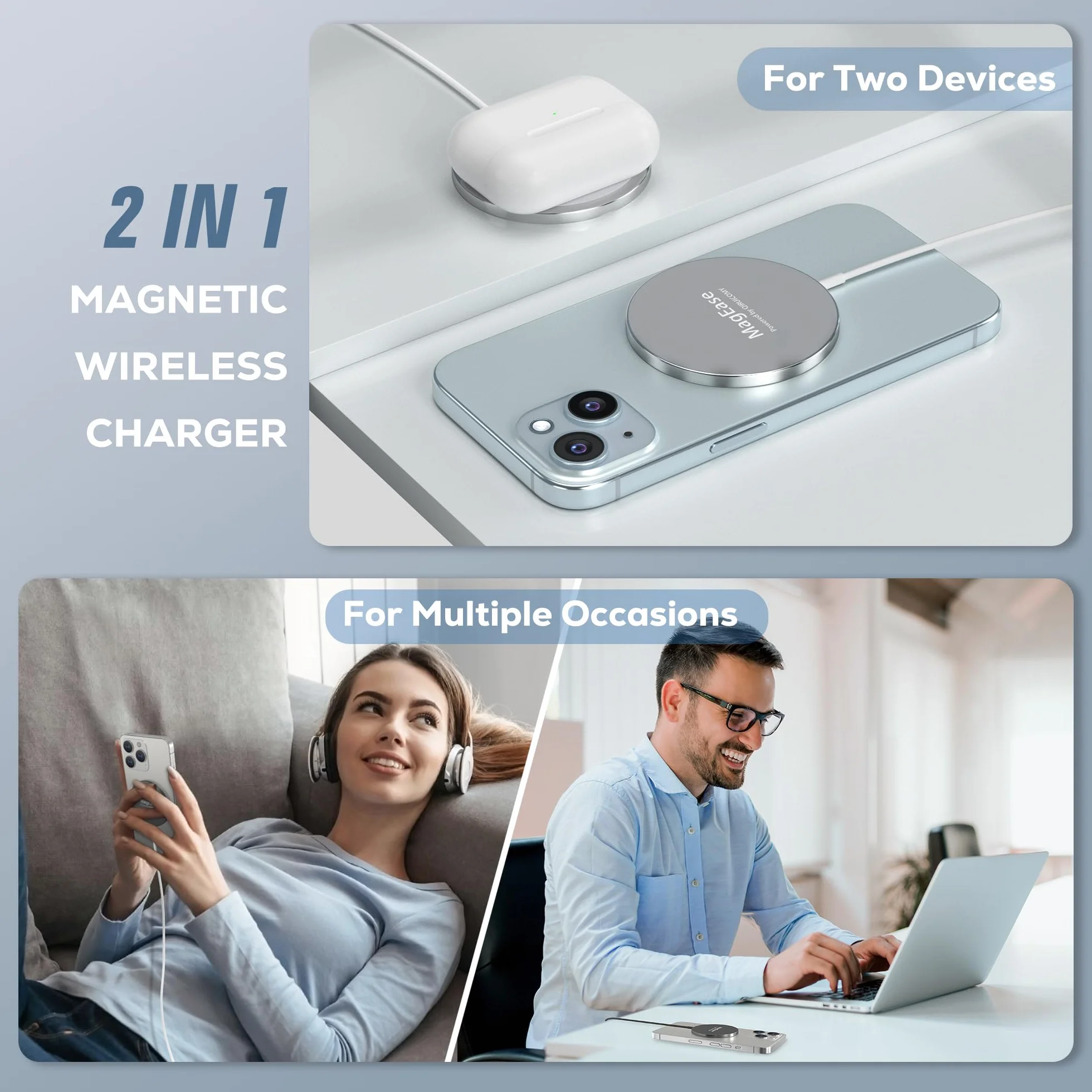 Cargador inalámbrico magnético 2 en 1, aleación de aluminio ultradelgado, compatible con iPhone 17/16/15/14/13/12 y AirPods 4/3/2/Pro, Titanio Plateado