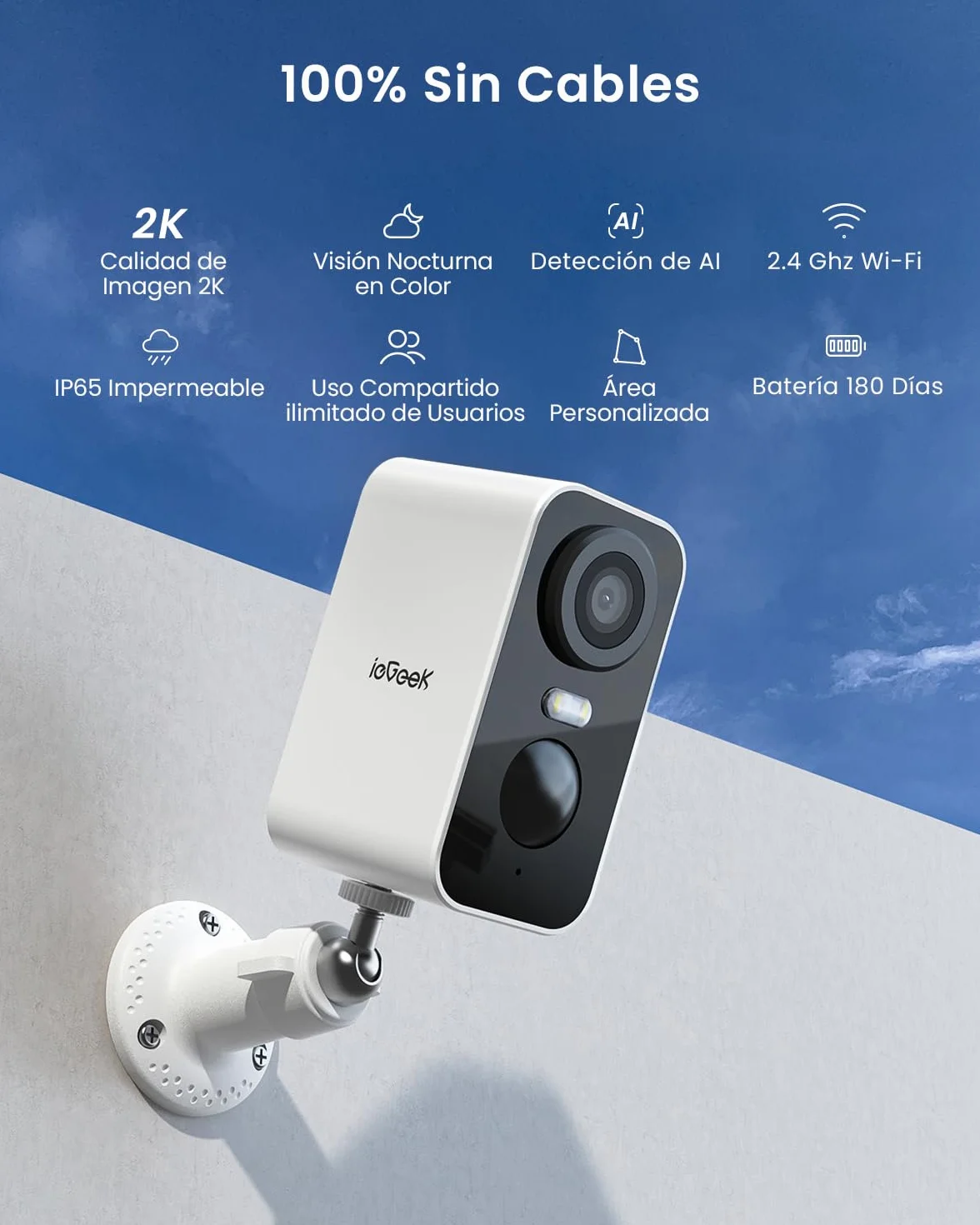 ieGeek 2K Cámara Vigilancia WiFi Exterior sin Cables, Batería Recargable, Visión Nocturna Colorida 10M, Detección PIR, Audio 2 Vías