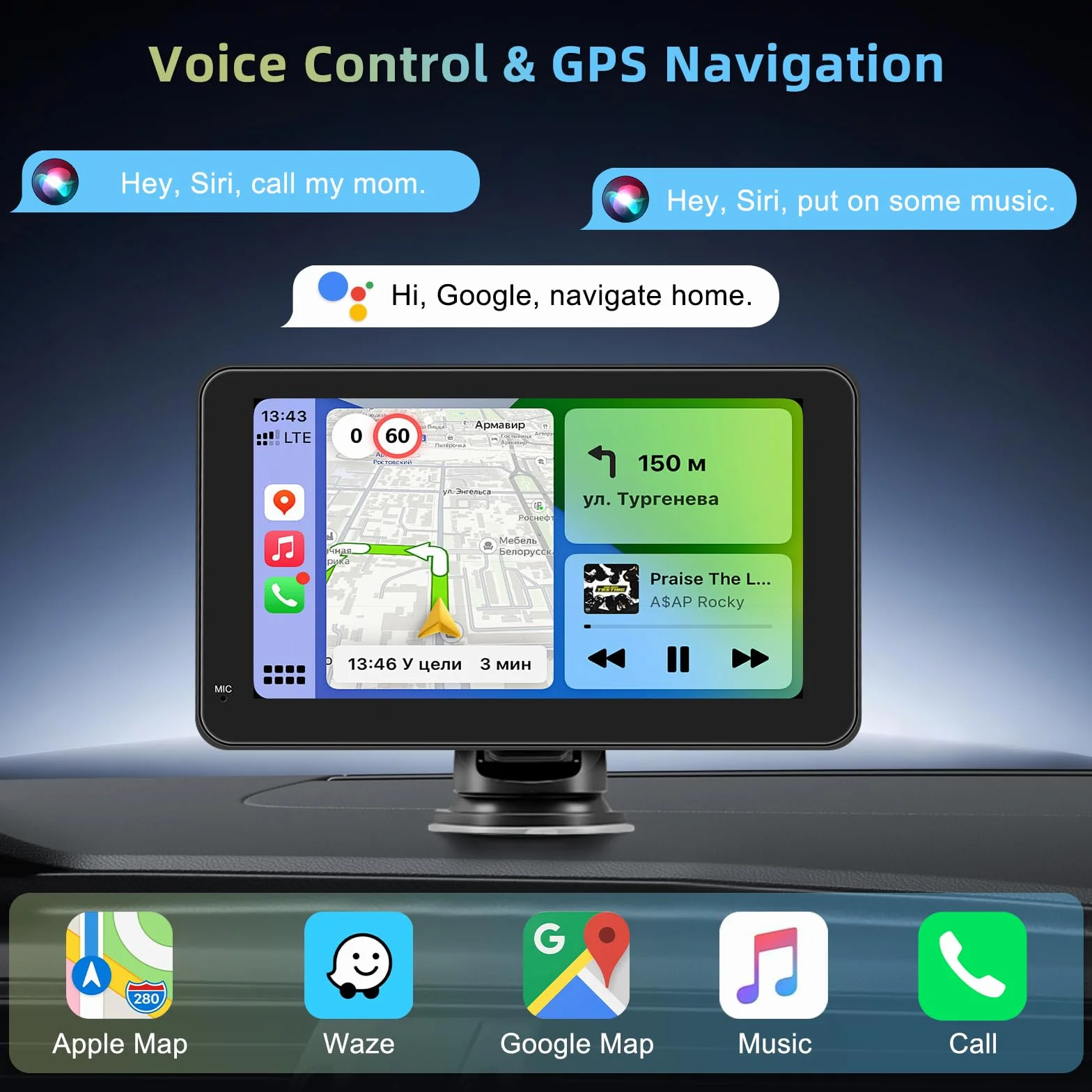 Pantalla Coche 7" Carplay HD Tactil Inalámbrica GPS Bluetooth Control por Voz Mirror Link FM Siri G-oogle
