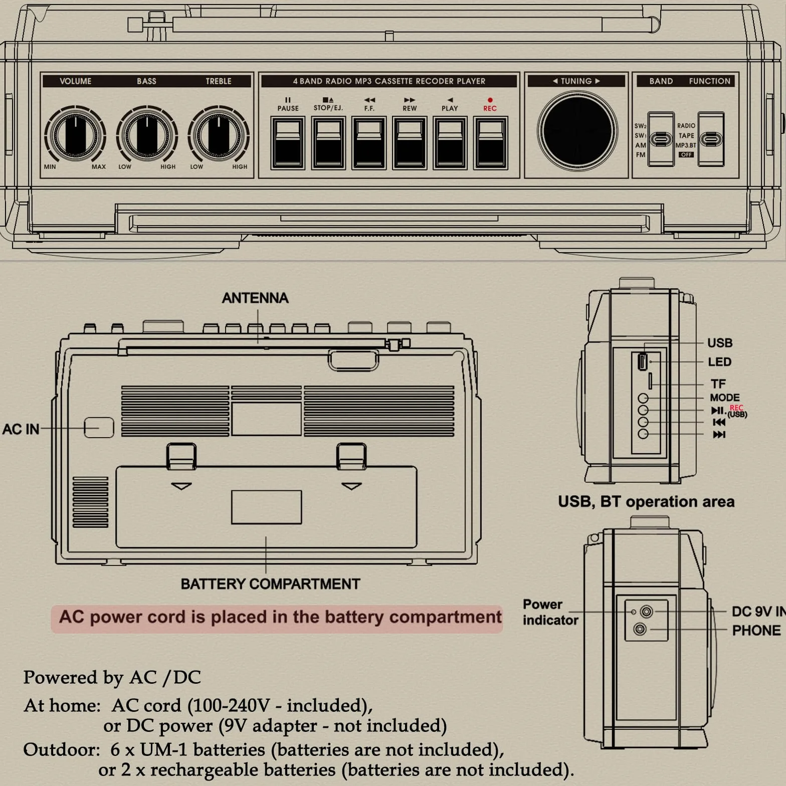 Boombox Retro de los 80 con Bluetooth y Reproductor de Casete | Radio Am/FM/OL, Sonido de Graves Potente 24W, Reproducción USB & Micro SD - Toma de Auriculares y Portátil para Interior/Exterior