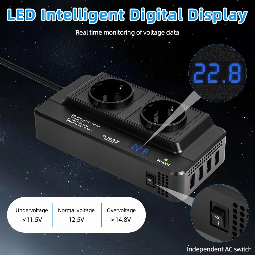 URAQT Inversor para Coche, Inversor de Corriente, Transformador de tensión DC 12 V a AC 230 V 200W con 4 Puertos USB y 2 enchufes UE-USB 3.0 y USB 2.0, Convertidor de Voltaje para Coche, Camping, RV