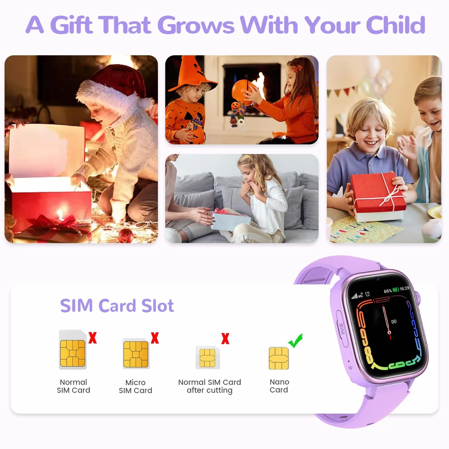 4G Reloj Inteligente Niños con GPS y Videollamada, Smartwatch Niños con Llamadas, Chat de Voz, SOS, Modo Escuela, IP68 Impermeable, Podómetro, Despertador, Cámara, Regalo Niñas y Niños de 4-15 Púrpura