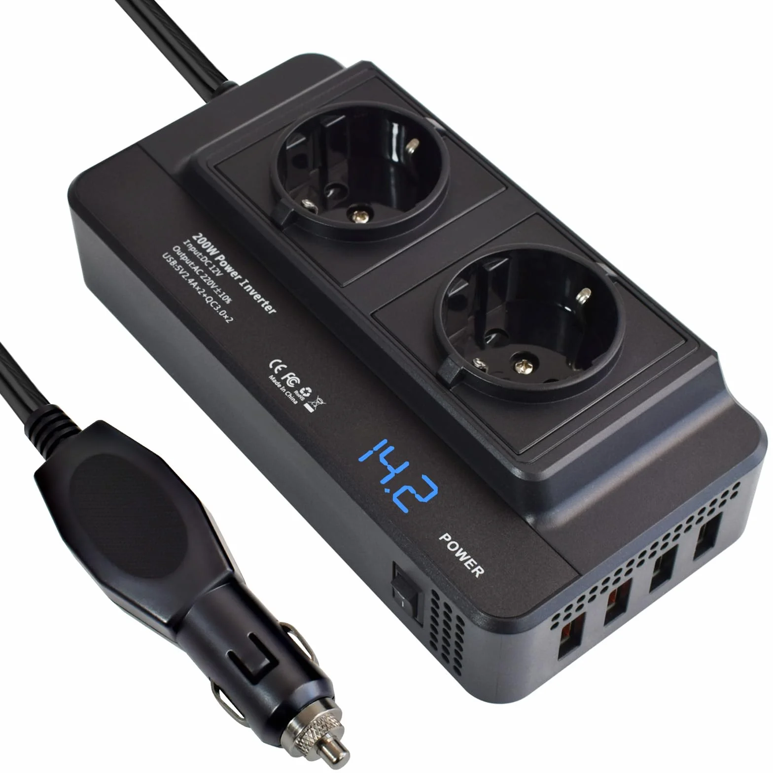 Inversor de Corriente 200W Convertidor Transformador 12V a 220V Onda Modificada Cargador Adaptador Mechero Coche a Enchufe con 2 AC Salidas, 4 Puertos USB y Pantalla Digital