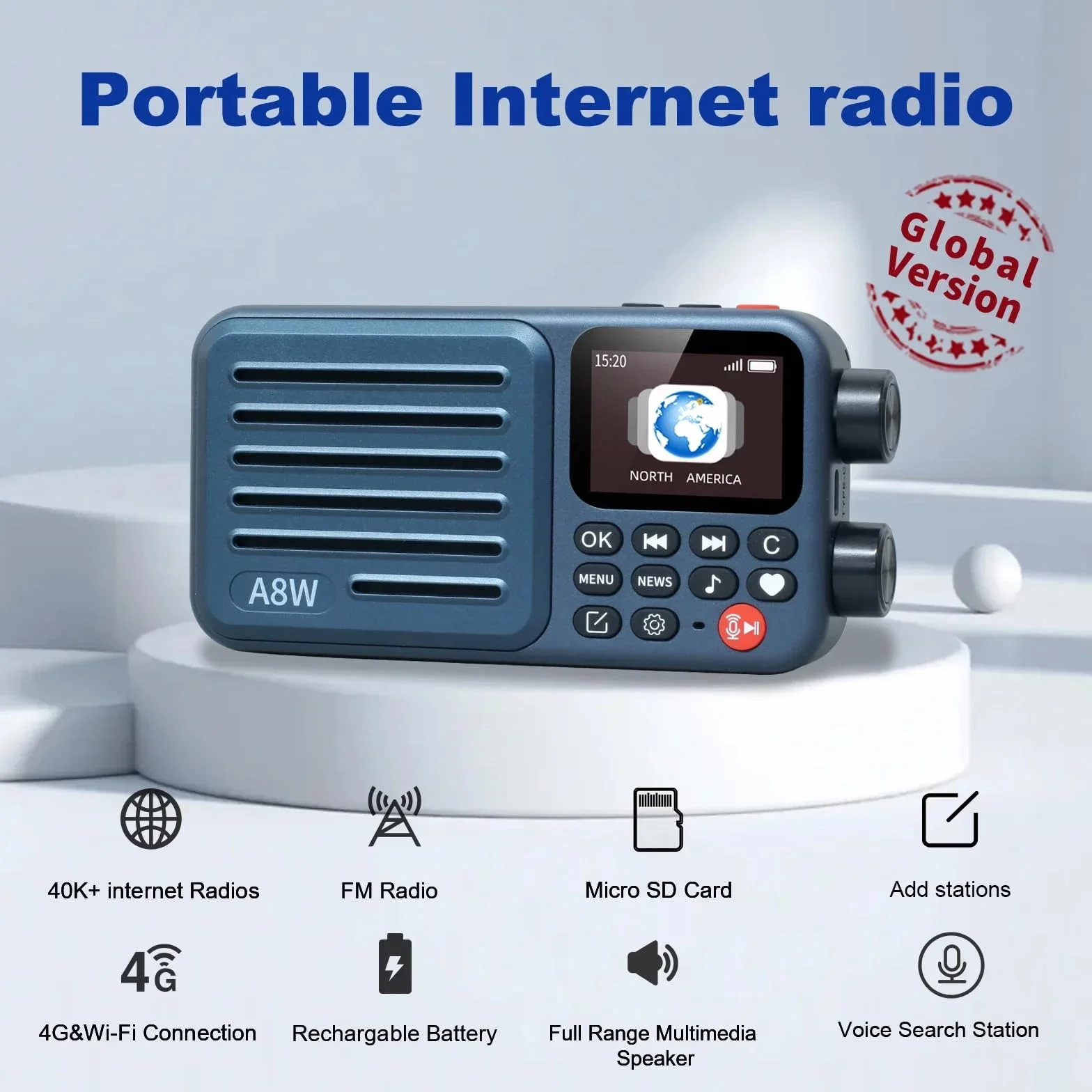 Choyong Receptor de radio portátil de Internet inteligente A8W, altavoz de radio WiFi 4G con FM, tarjeta micro SD, todas las radios del mundo, para el hogar con WiFi, radio digital, Choyoung