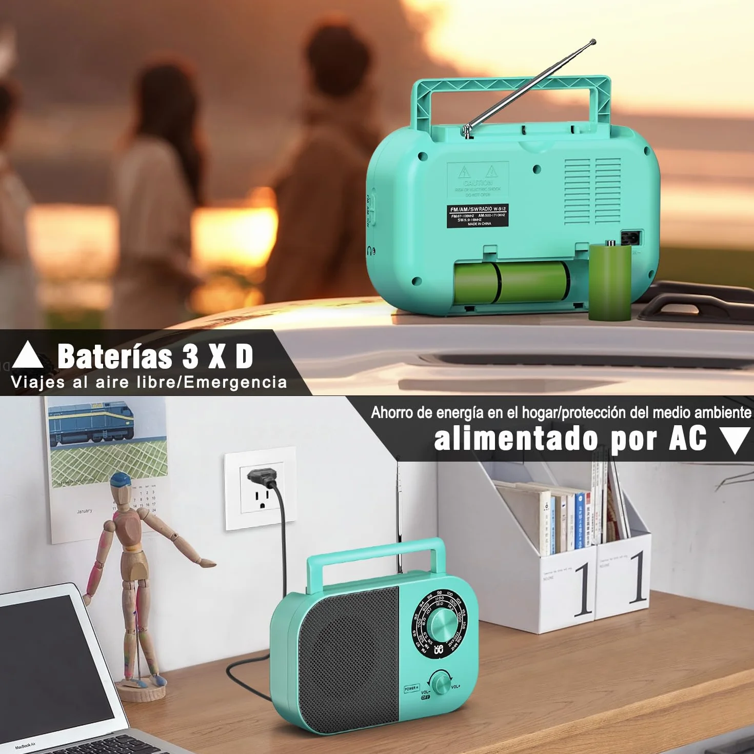 Radio portátil,Am,FM,SW,FM Radio Portátil con Fuente de Alimentación y Batería, Altavoz Integrado y Toma de Auriculares, Adecuada para Uso en Casa/Exterior/Camping/Emergencia.（Azul）