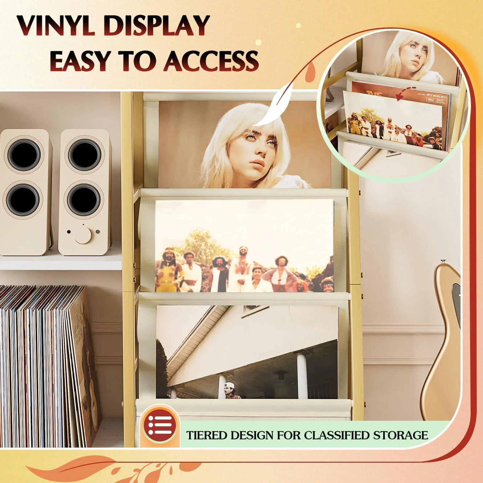 Bikone Mueble para Tocadiscos con 3 Niveles Almacenamiento de Vinilos – Mesa Giradiscos con Estante Expositor, Capacidad para 200 Discos, Consola de Medios para Estéreo y Equipos de Audio (Dorado)
