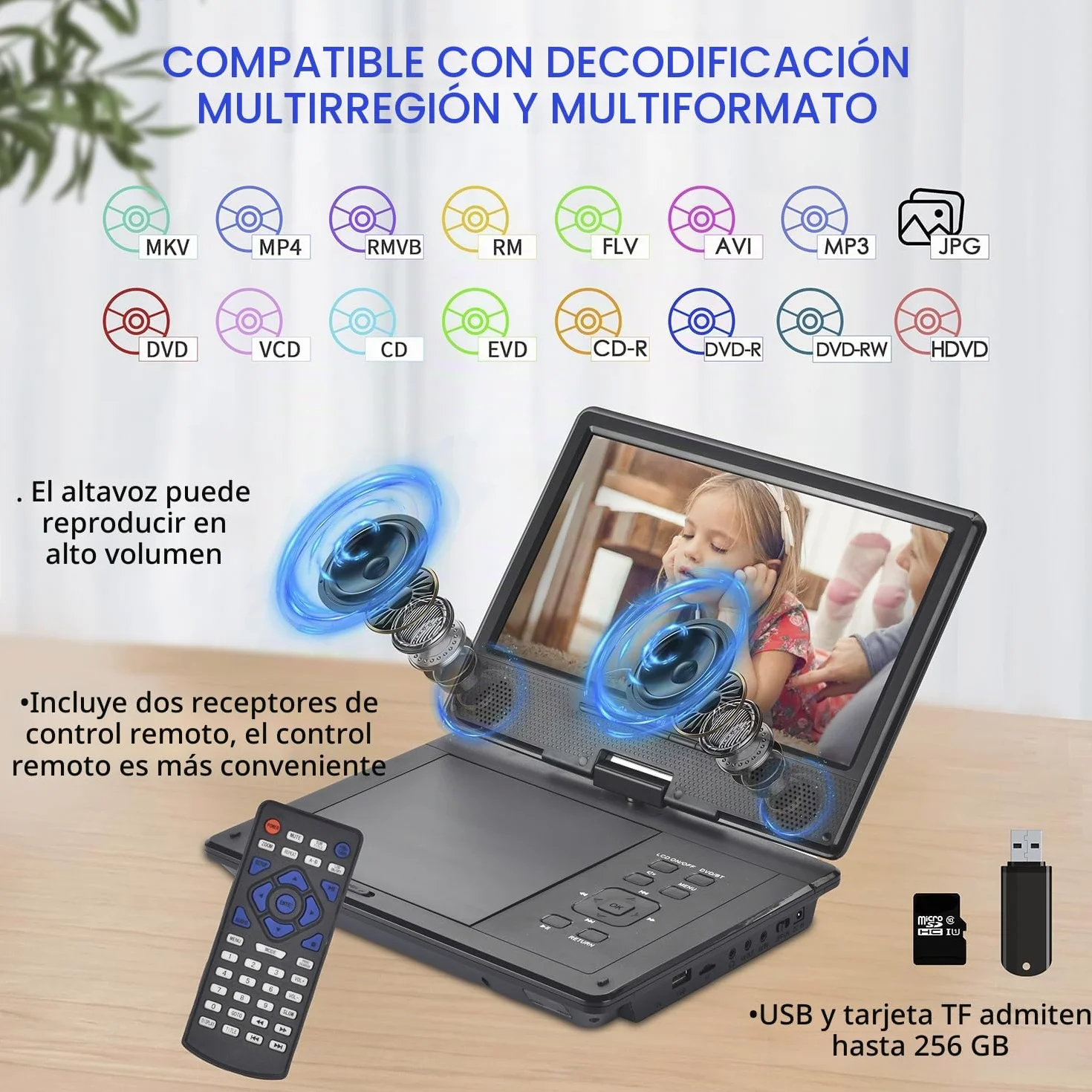 YOOHOO Reproductor de DVD portátil Bluetooth 12,5" Pantalla giratoria 10,5" Libre Regiones MKV MP4 WAV CD