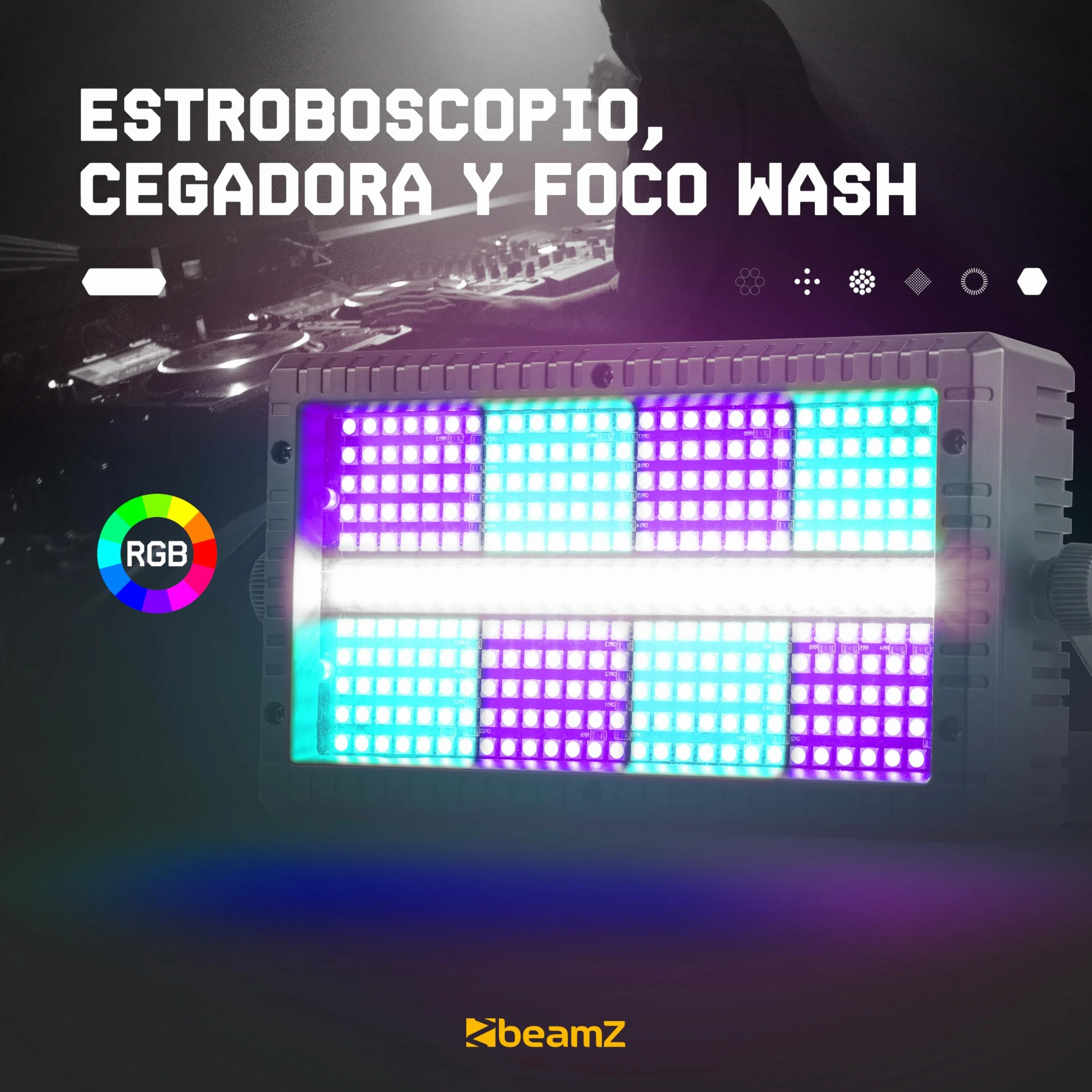 BeamZ BS336 - Combo de Luz Estroboscópica y cegadora LED RGB+Blanco, 336 LEDs RGB + 56 Blancos, DMX512 4/6/12/24/30 Canales, Modo Autónomo, Maestro/Esclavo, Automático, Mando a Distancia
