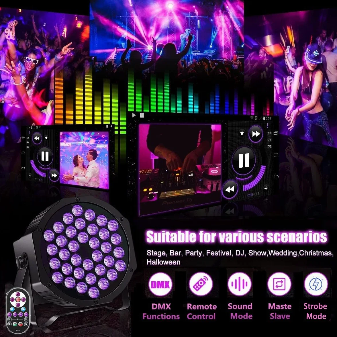 4 Piezas Luces Negras UV, 72W UV LED Par Focos DMX512 con Control Remoto Luz de Escenario para Fiestas, Bares, Escenarios, Navidad, Halloween, Bodas