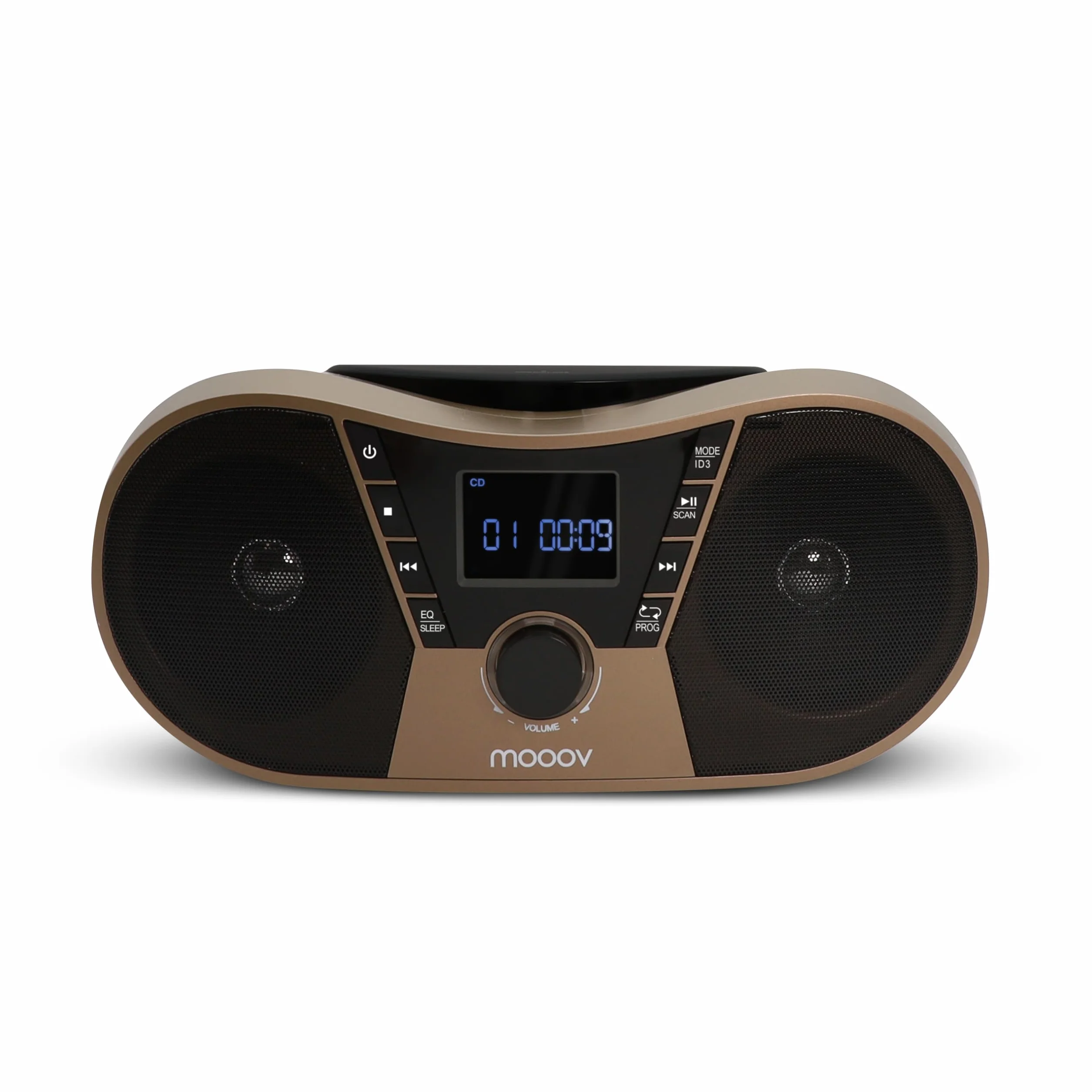 Mooov 477406 - Reproductor de CD portátil, Lector CD Audio CD-R/CD-RW, Radio FM, Puerto USB para MP3, Sonido estéreo de 4W, asa ergonómica, Funciones Sleep e ID3, Copper & Black