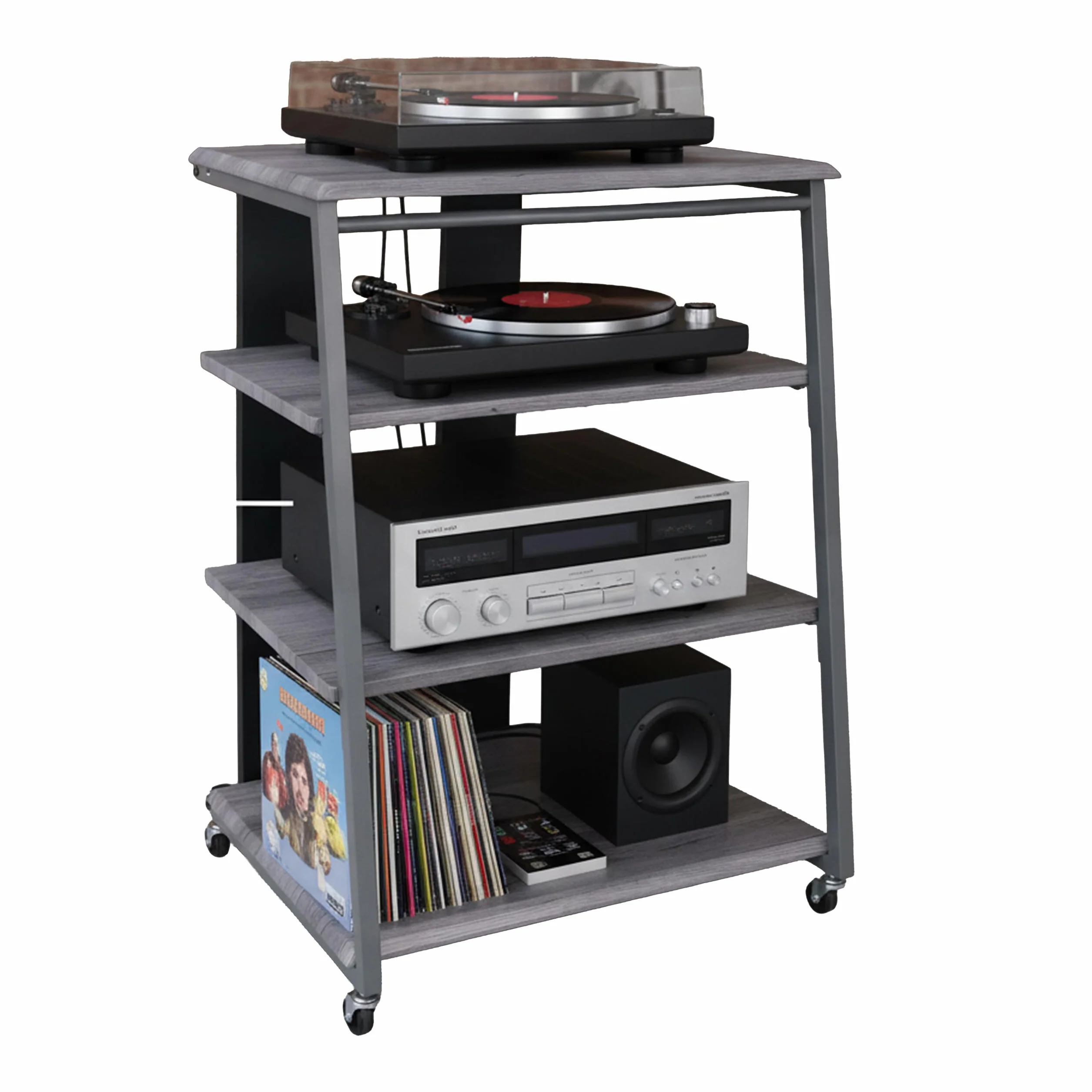 Relaxdays estantería para HiFi, 4 Niveles, Hierro y MDF, 78x61x52 cm, Gris