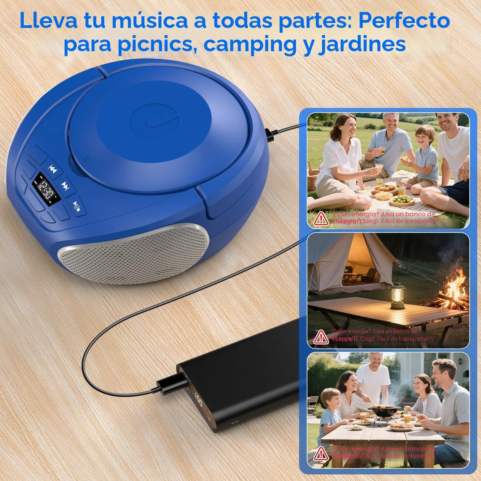 Gueray Reproductor CD Portátil Boombox Radio FM Estéreo con Altavoces Entrada AUX 3.5 mm Pantalla LCD Azul Plata