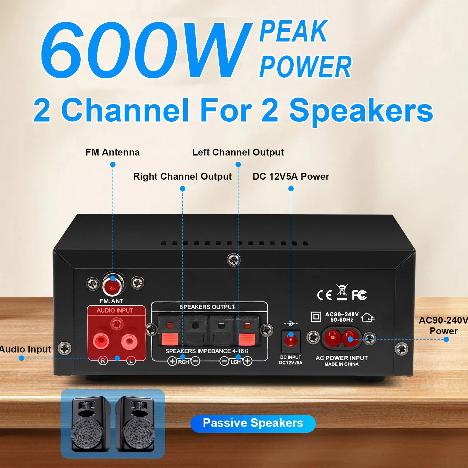Romicta Amplificador Audio HiFi Estéreo 600W 2 Canales, Bluetooth 5.0, 12V/220V, Pantalla LCD, Alta Fidelidad, Radio FM Portátil, Entrada SD/USB, para Hogar o Coche