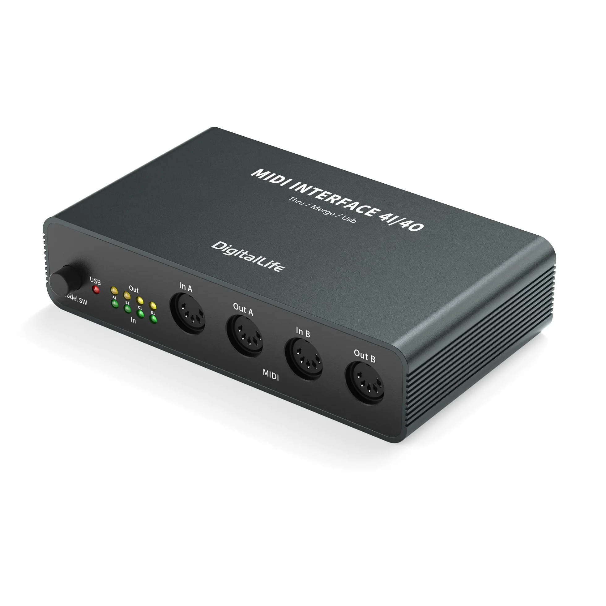 DigitalLife Quad I/O Pro 4x4 Interfaz MIDI USB – Merge/Thru/Splitter de 5-Pin DIN, Carcasa Metálica con 8 Indicadores LED | Compatible con Teclados, Sintetizadores y Drum Machines | UMB06-B