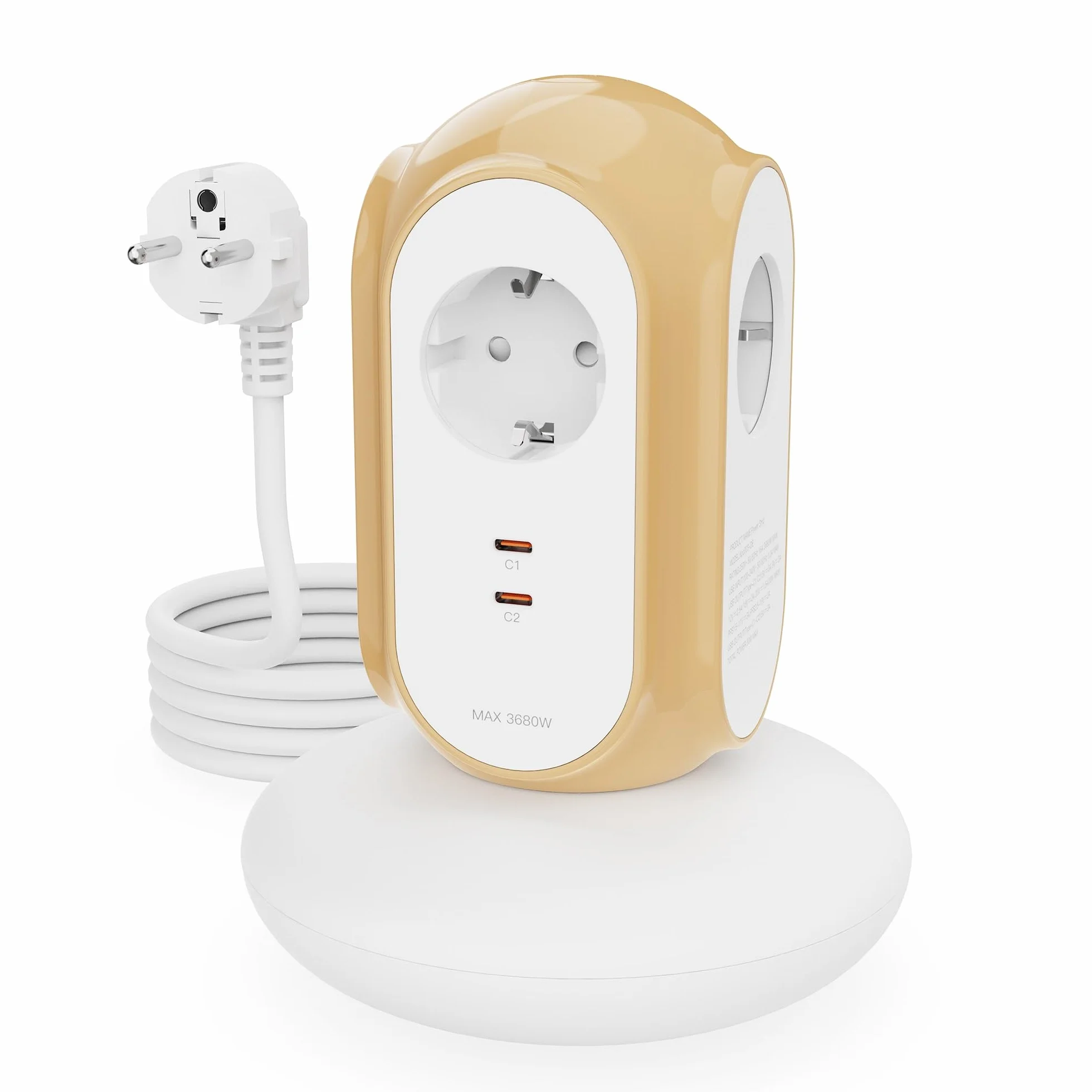 MiaoLab Regleta Eléctrica en Torre con 3 Tomas AC y 2 USB-C (Carga Rápida 30W), 3680W/16A, Protección contra Sobretensiones 1420J, Cable de Extensión 2 m, Protección contra Sobreca (Beige Toscano)