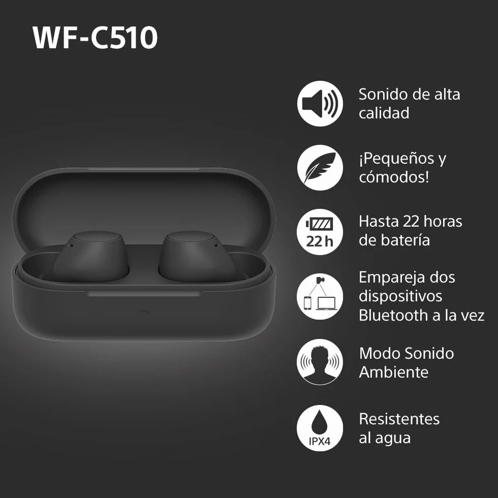Sony WF-C510 Auriculares Inalámbricos IPX4 conexión multipunto modo sonido ambiente carga rápida 22h batería iOS Android Negro