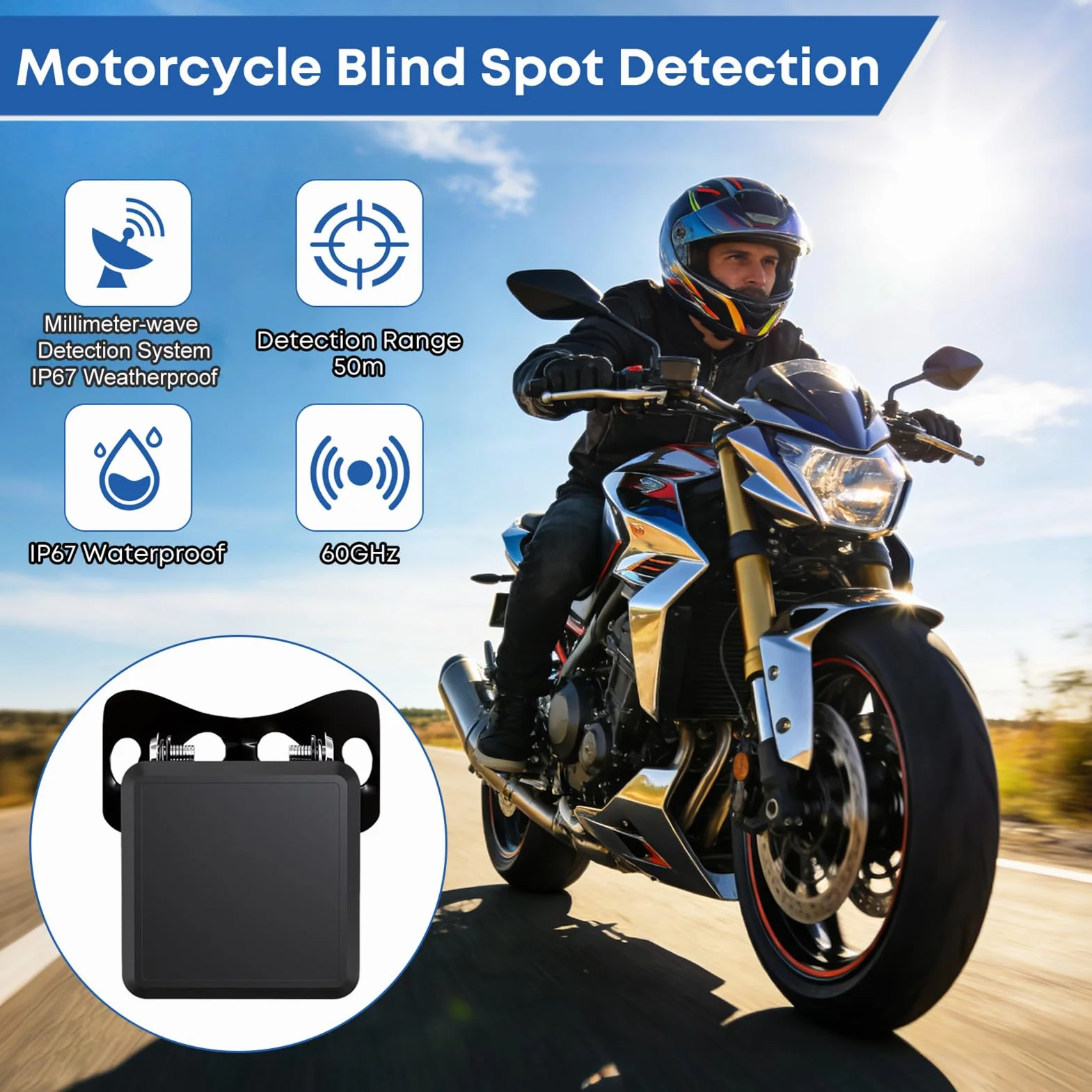 banapoy Detección Punto Ciego para Motocicleta, Asistente Cambio Carril Onda Milimétrica 60GHz con Alcance 50M, Alertas Visuales y Audibles Dos Etapas para Motocicleta, Bicicleta
