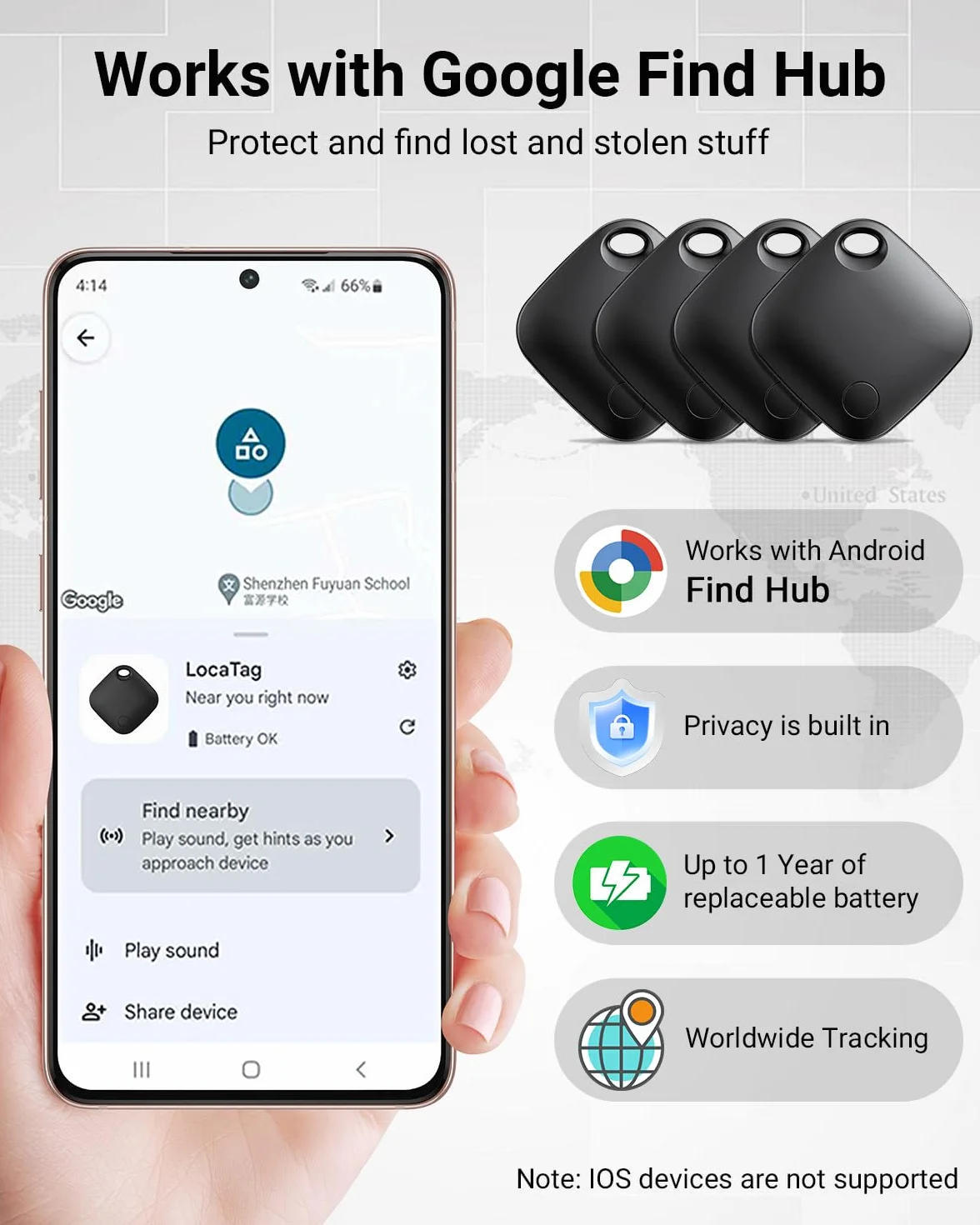 Smart Tag Bluetooth Localizador Llaves Paquete de 4 Android Aplicable Buscar mi Dispositivo Google Smart Finder Equipaje Negro