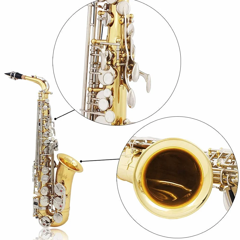 Saxofón alto, latón brillante, grabado Eb, botón de concha blanca, instrumento de viento con funda, guantes de silencio, paño de limpieza, cepillo para cinturón