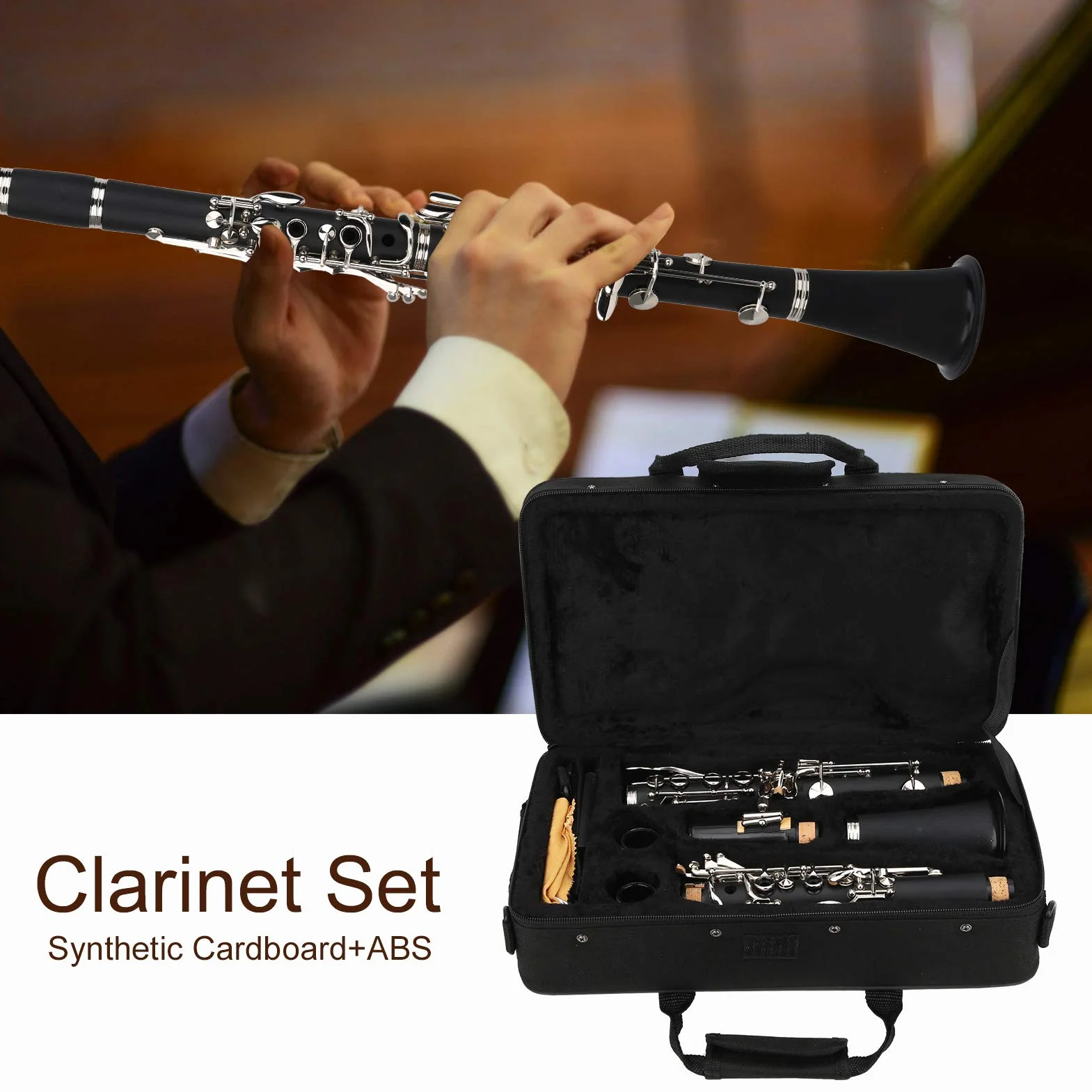 Clarinete para principiantes, madera de larga duración con paño de limpieza Clarinete para llave en Sib, para principiantes Niños(black)