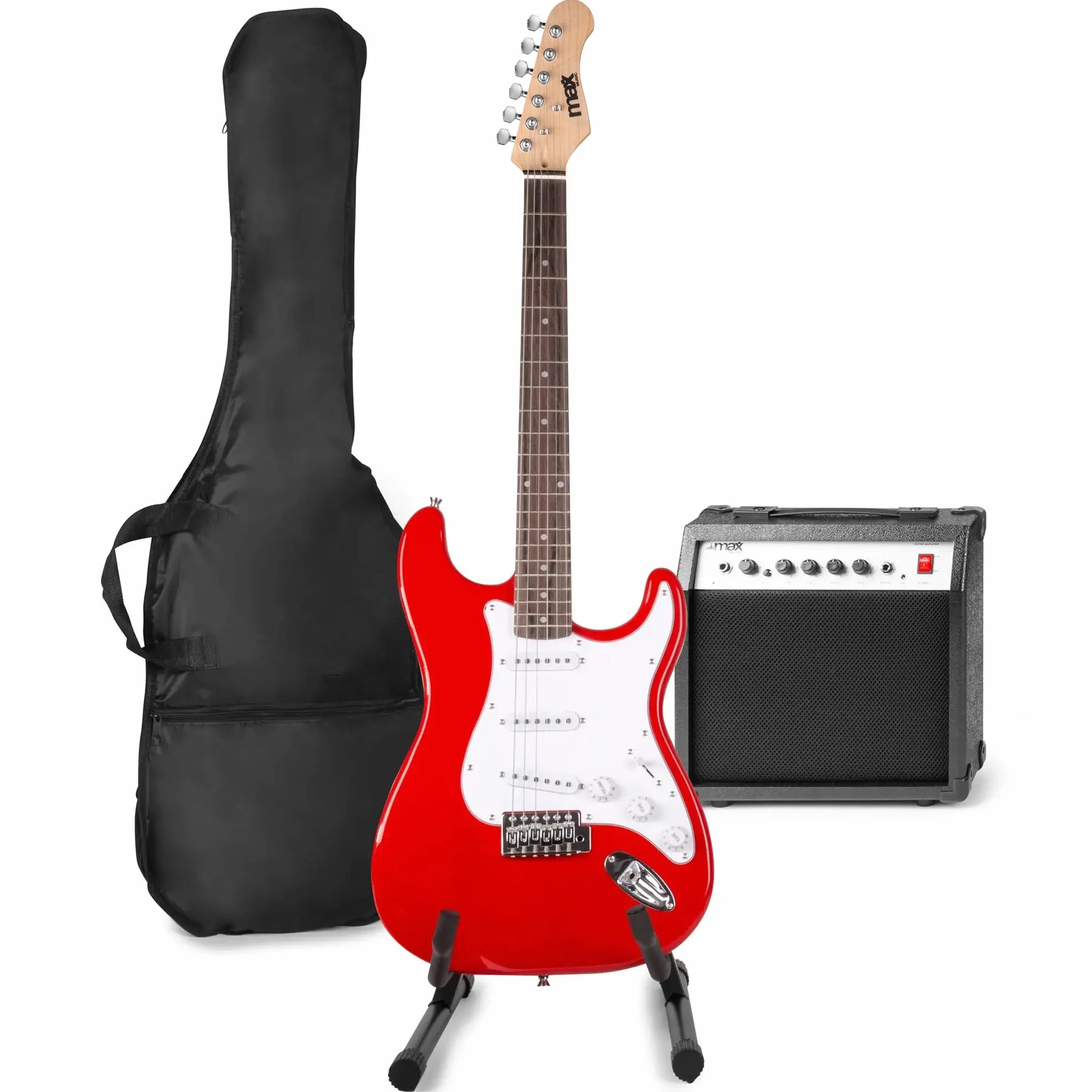 MAX GigKit kit de guitarra eléctrica, soporte de guitarra, amplificador de guitarra de 40W, afinador de guitarra, funda de guitarra, cable de instrumento, correa de guitarra y mas accesorios - Rojo